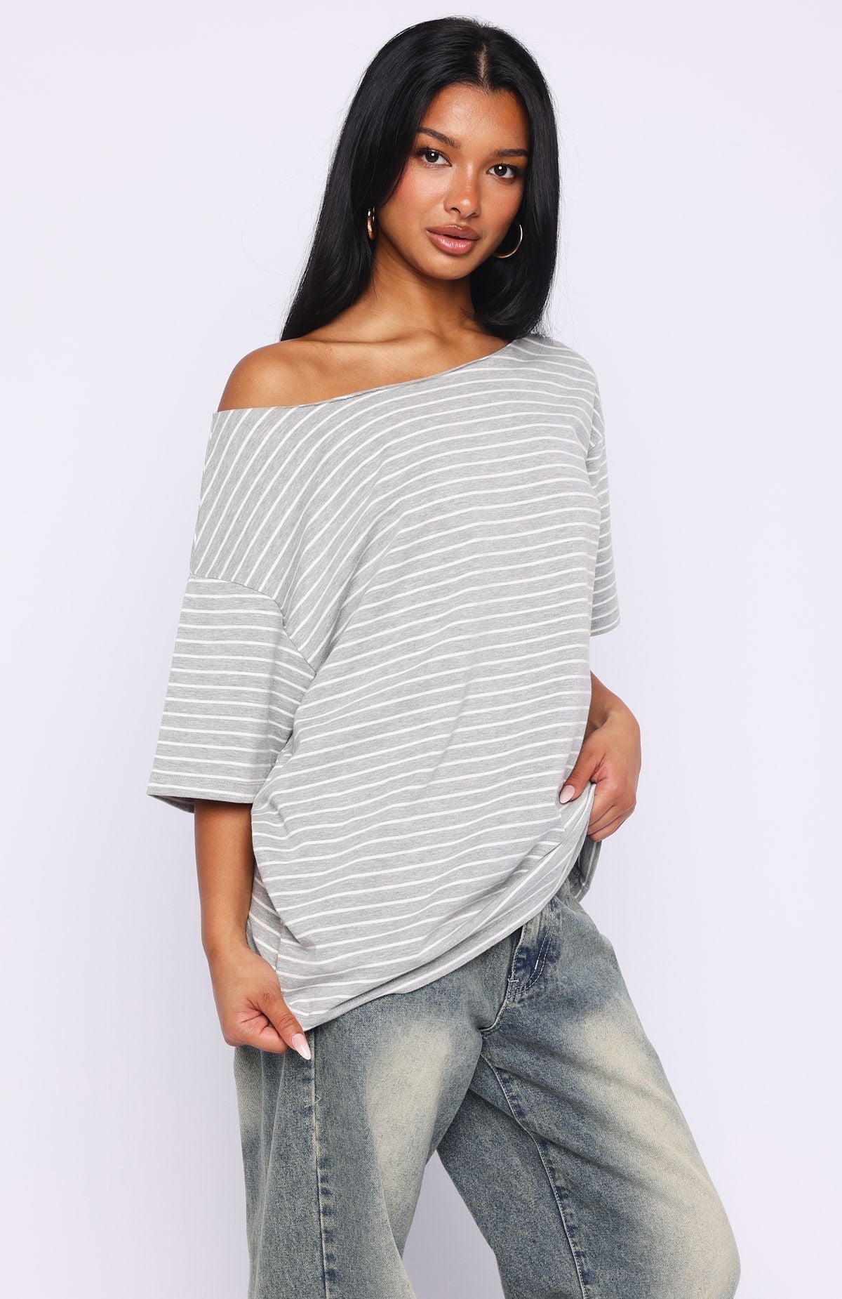 White Fox Give Me Options Off Shoulder Tee Grey/White Stripe