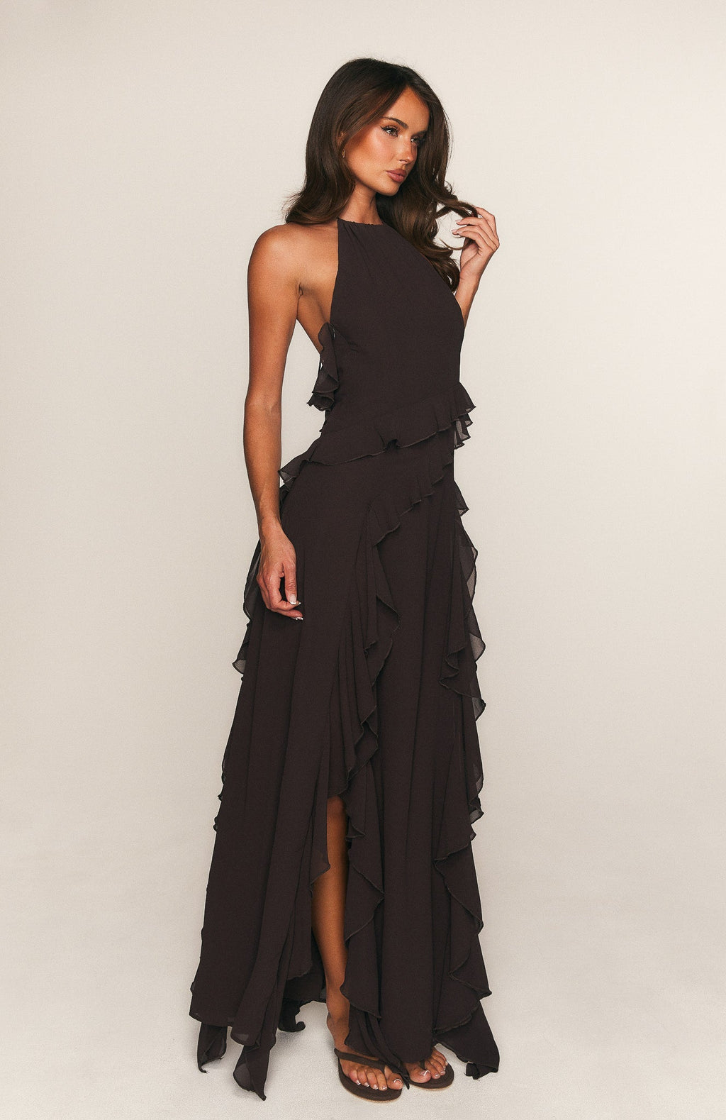 White Fox Control The Vibe Halter Maxi Dress Chocolate