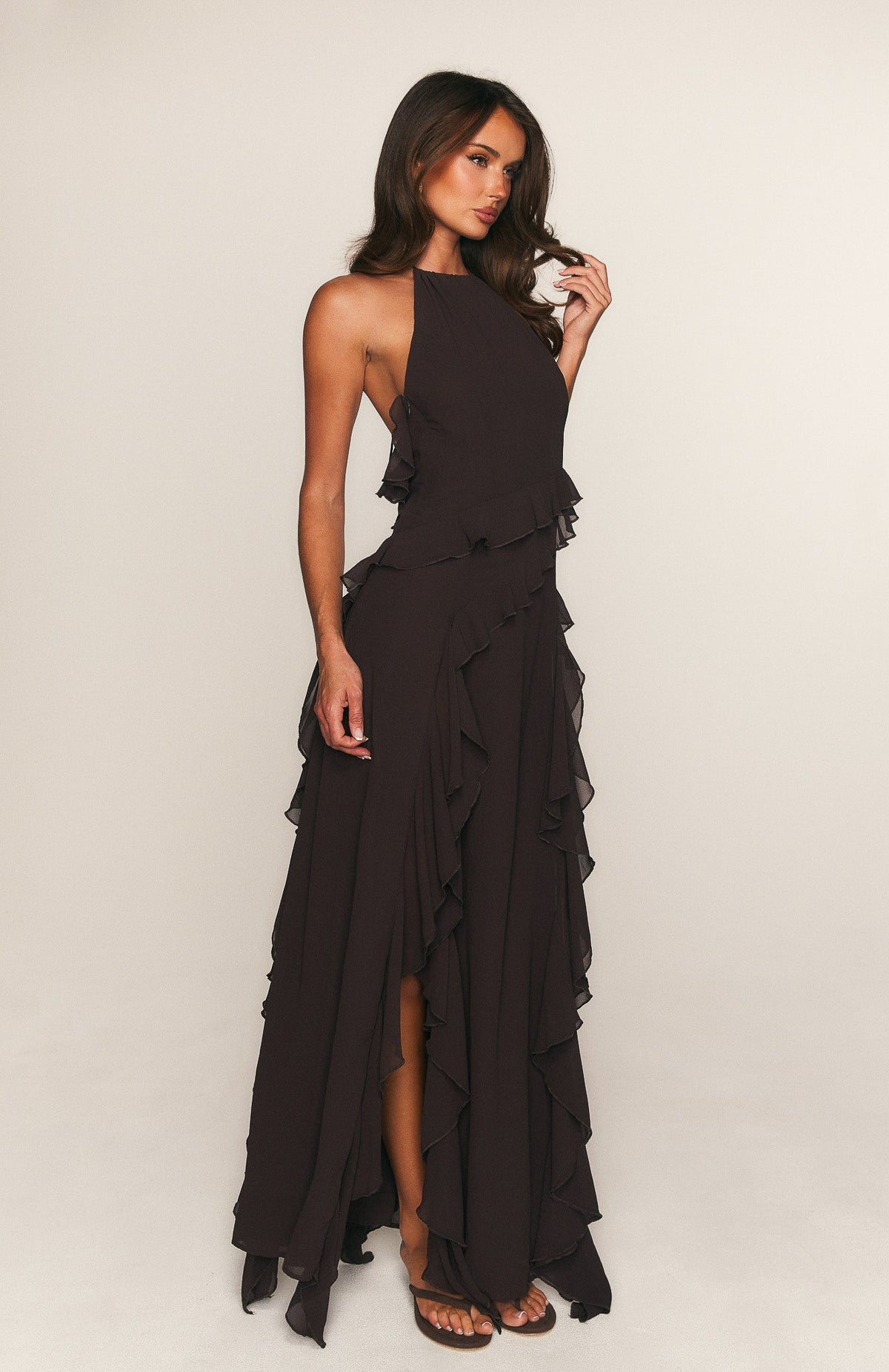 White Fox Control The Vibe Halter Maxi Dress Chocolate