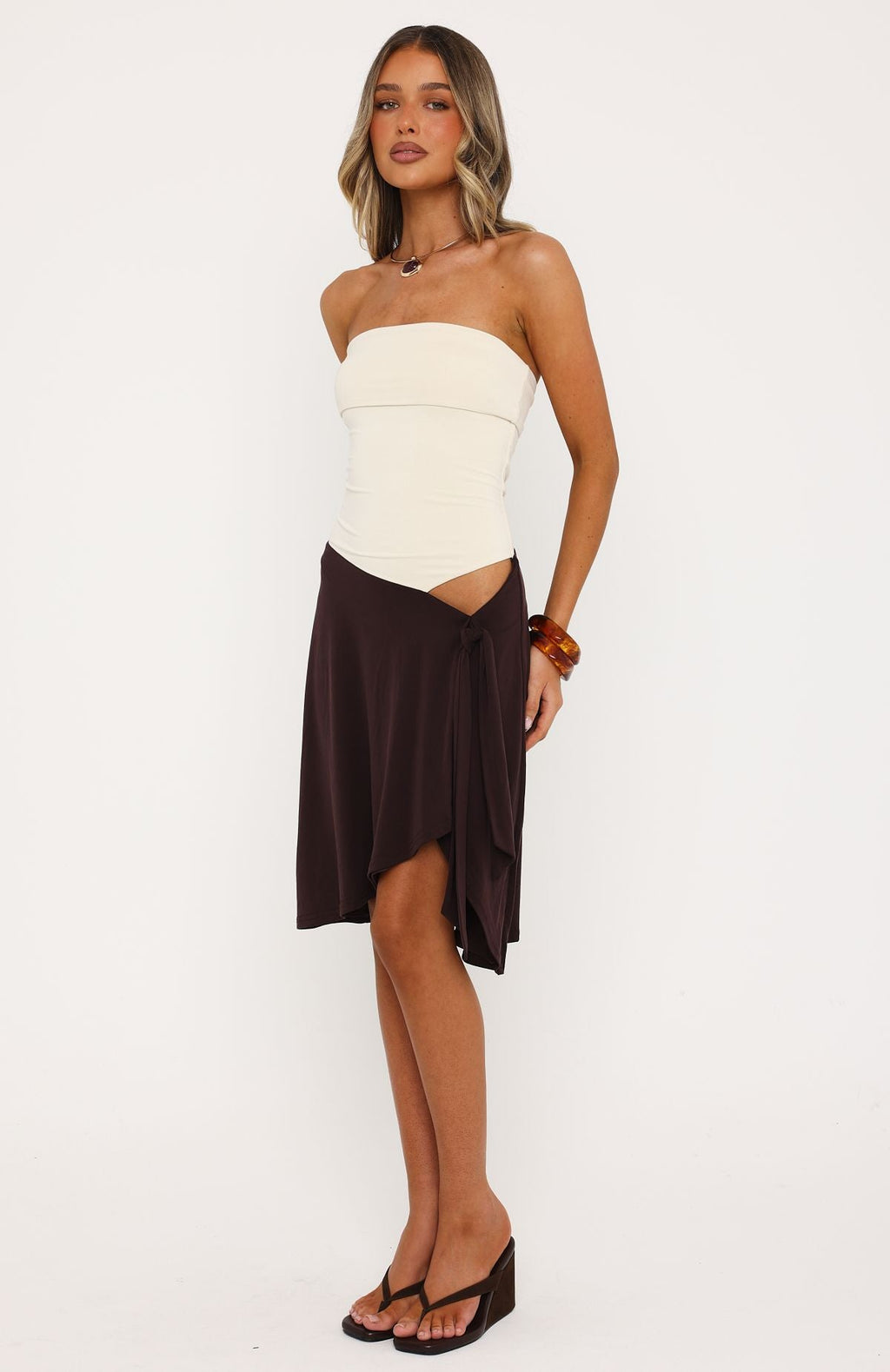 White Fox All Eyes Here Strapless Midi Dress Cream/Chocolate