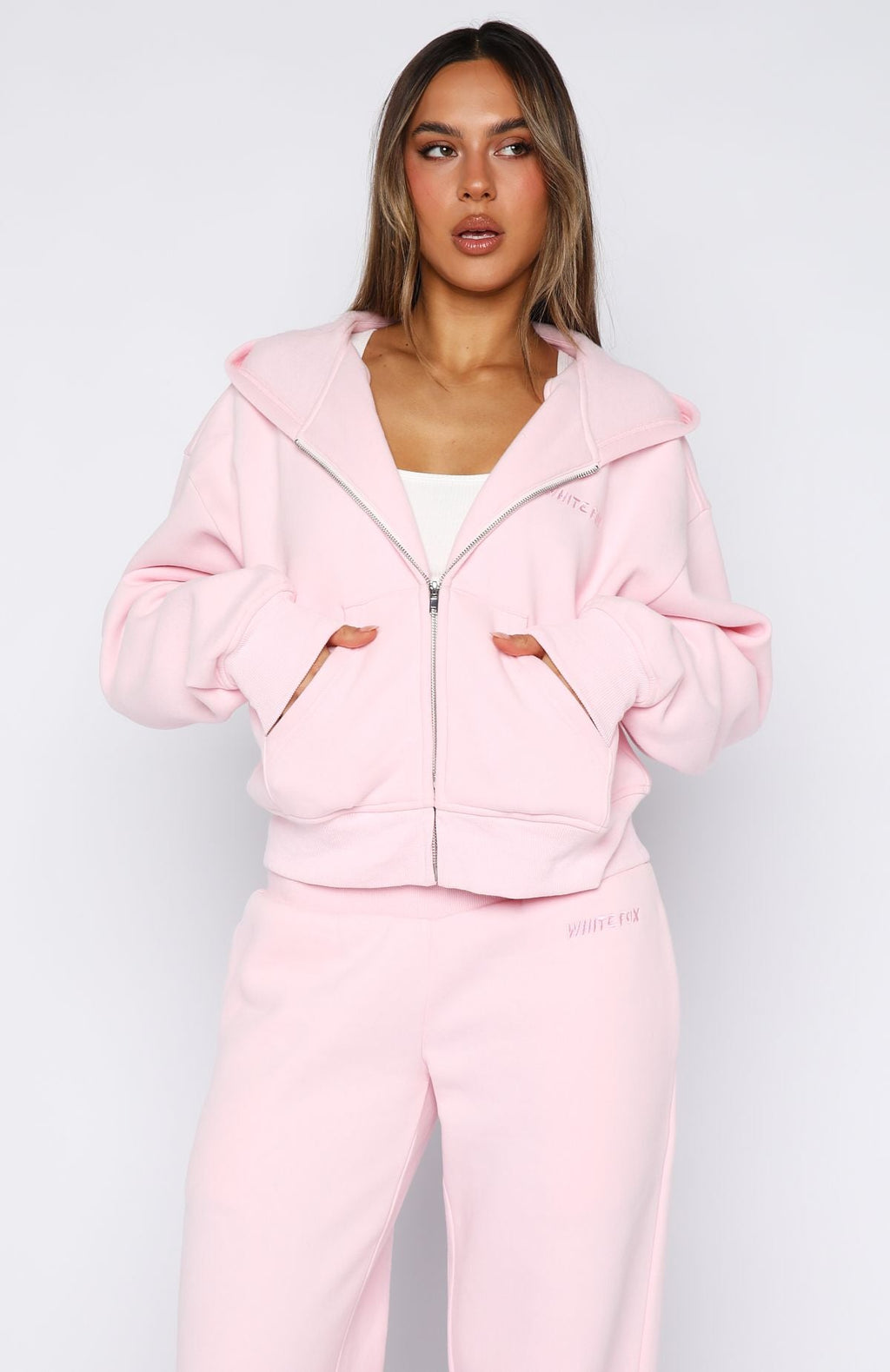 White Fox Come A Long Way Boxy Zip Front Hoodie Pink