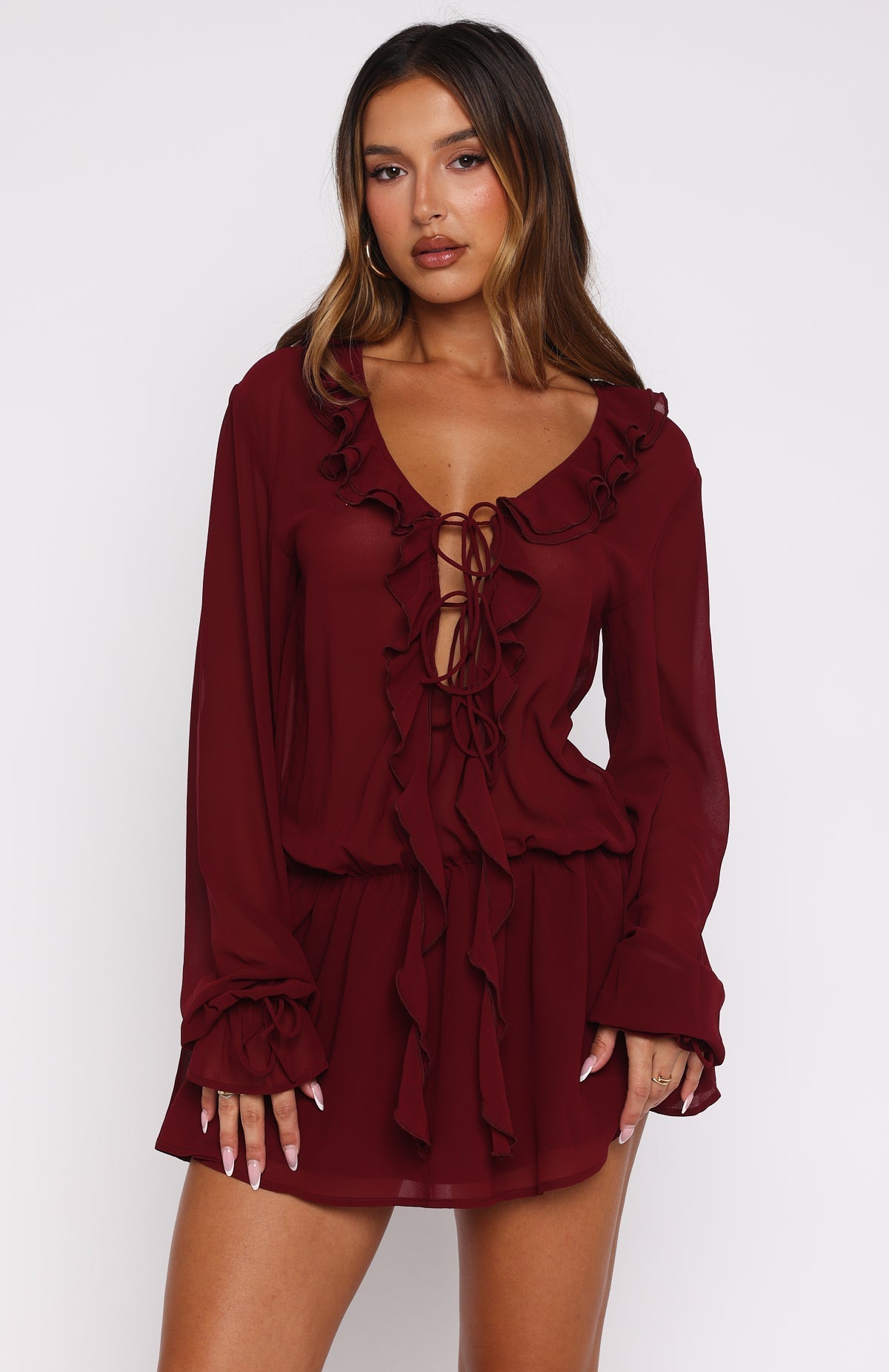 White Fox Eternal Energy Long Sleeve Mini Dress Burgundy