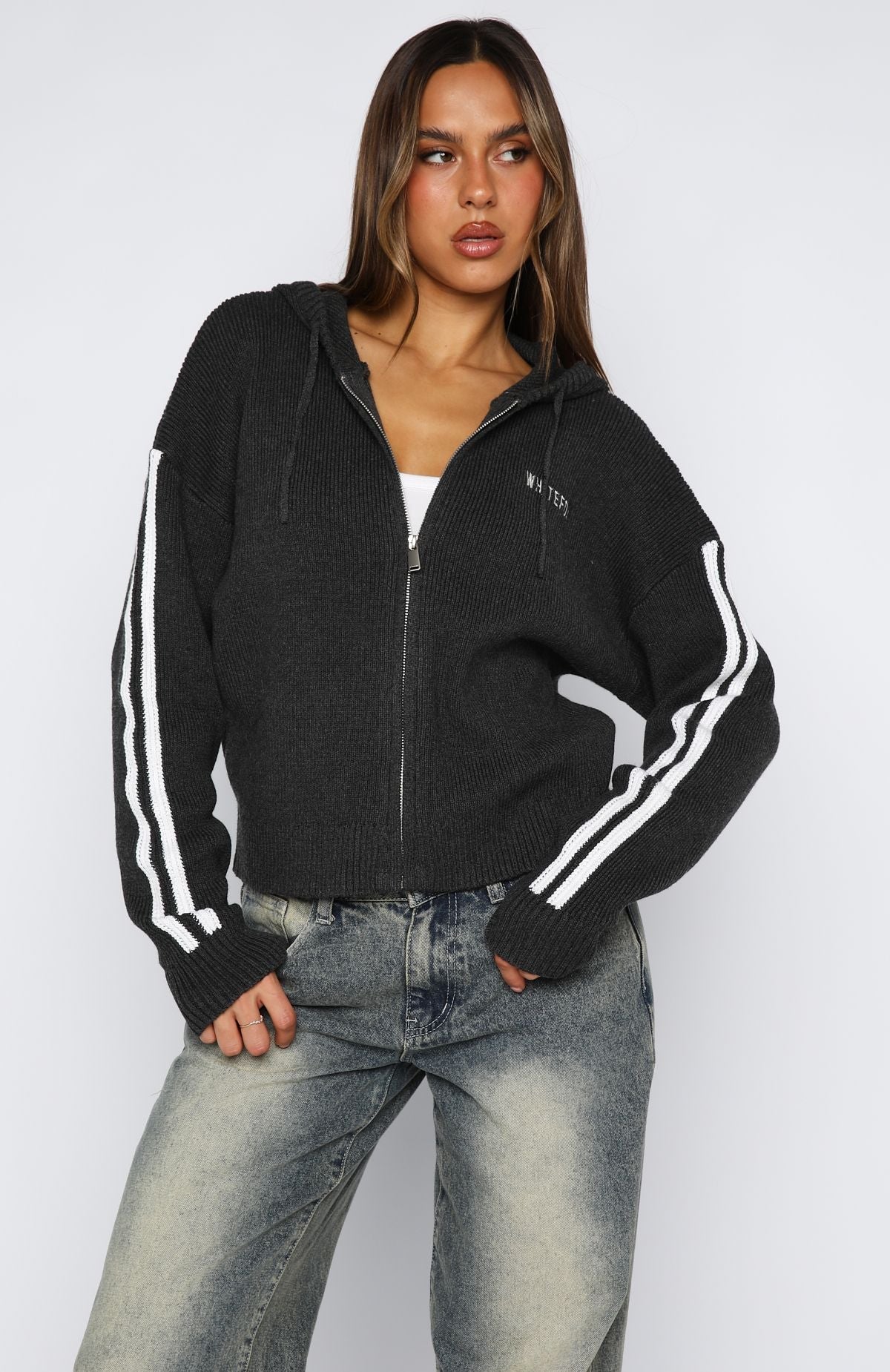 White Fox Next One Up Knit Hoodie Charcoal