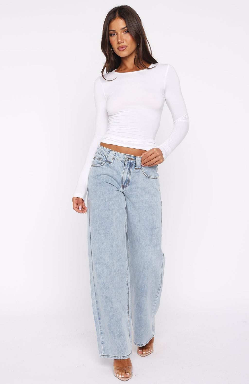 White Fox Clarissa Low Rise Wide Leg Jeans Mid Blue