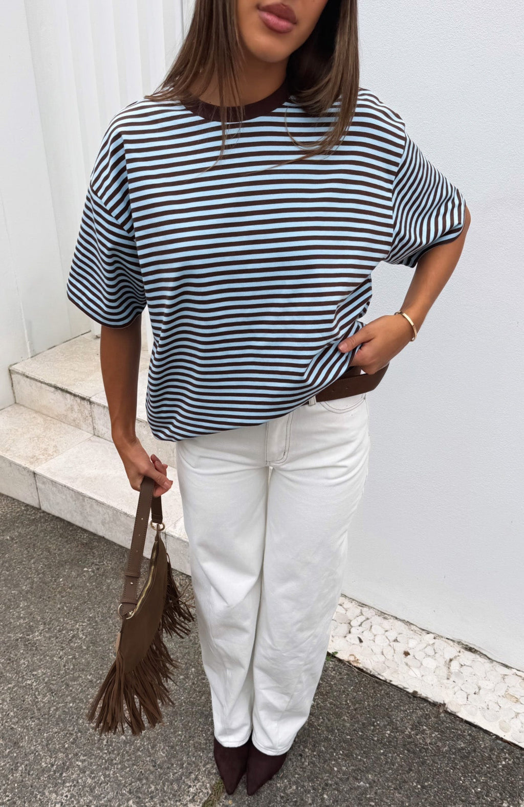 White Fox Touchdown Oversized Tee Choc/Blue Stripe