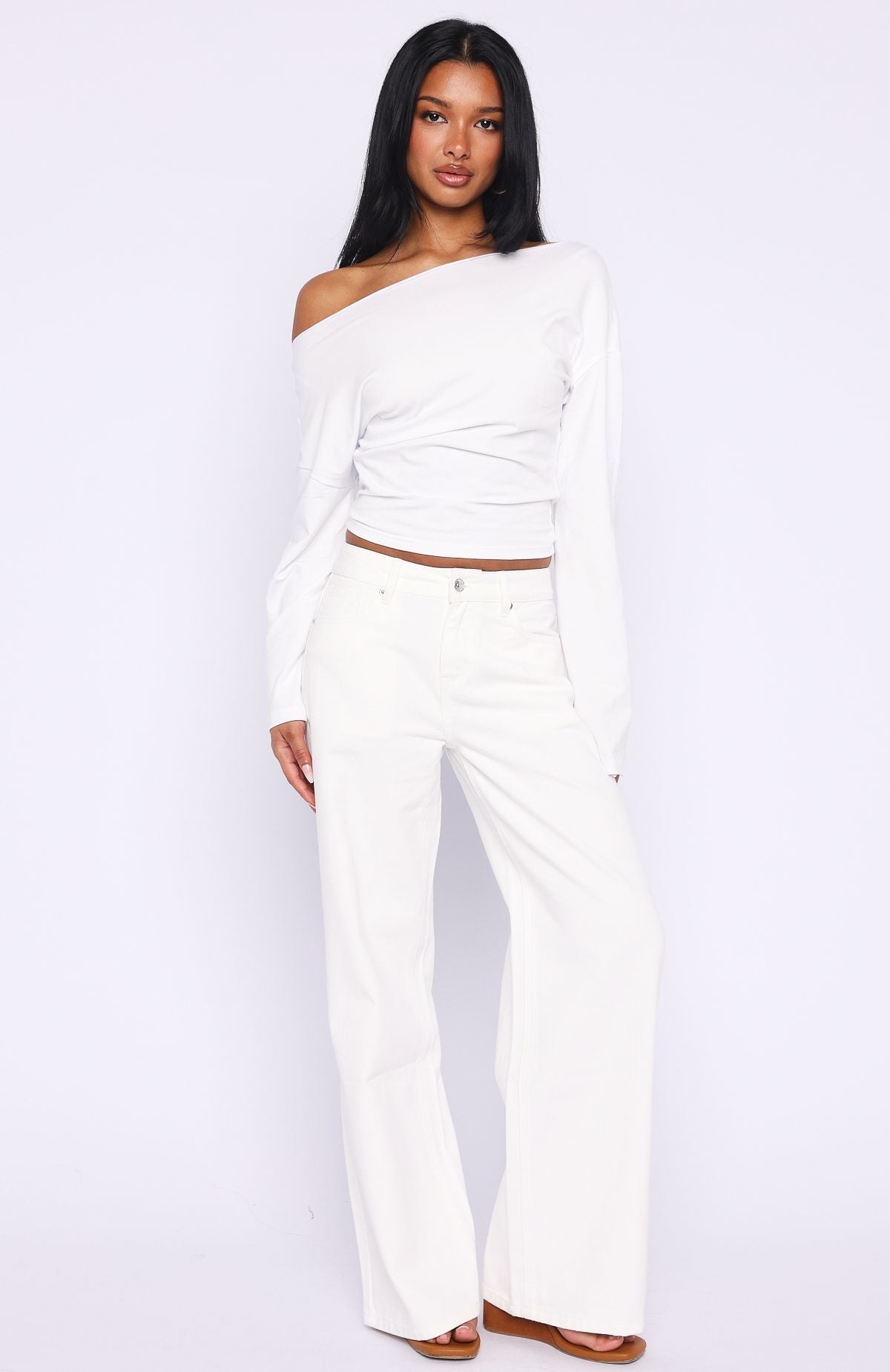 White Fox Kalaya Mid Rise Wide Leg Jeans Off White