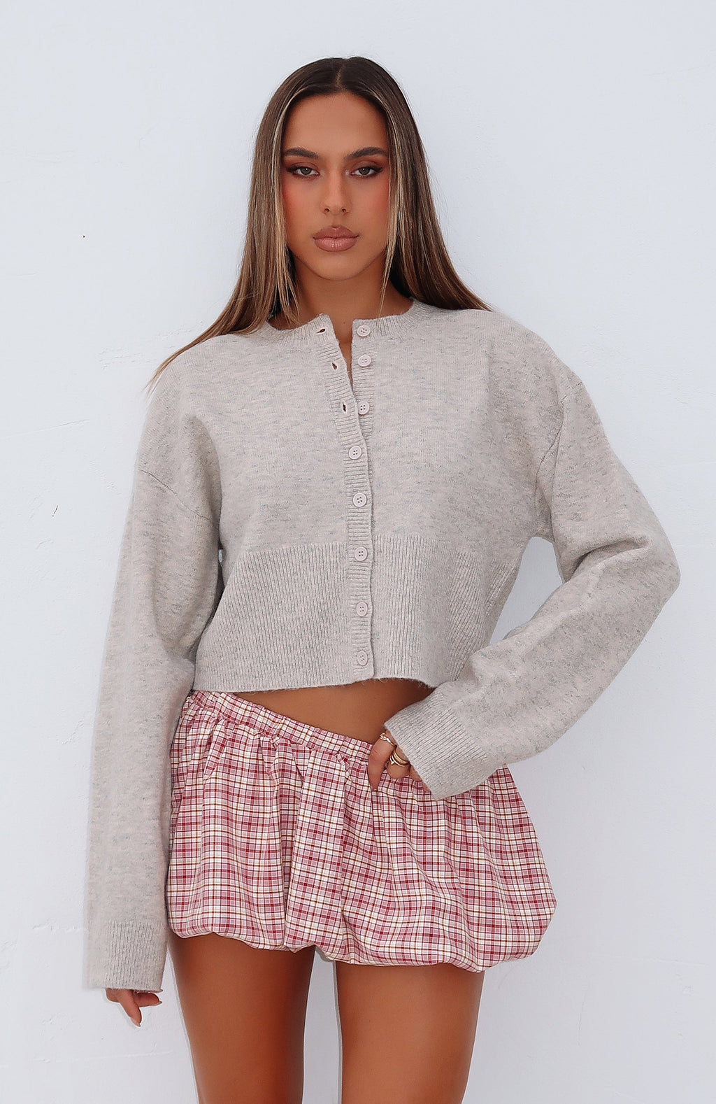 White Fox Make Me Happy Knit Cardigan Beige