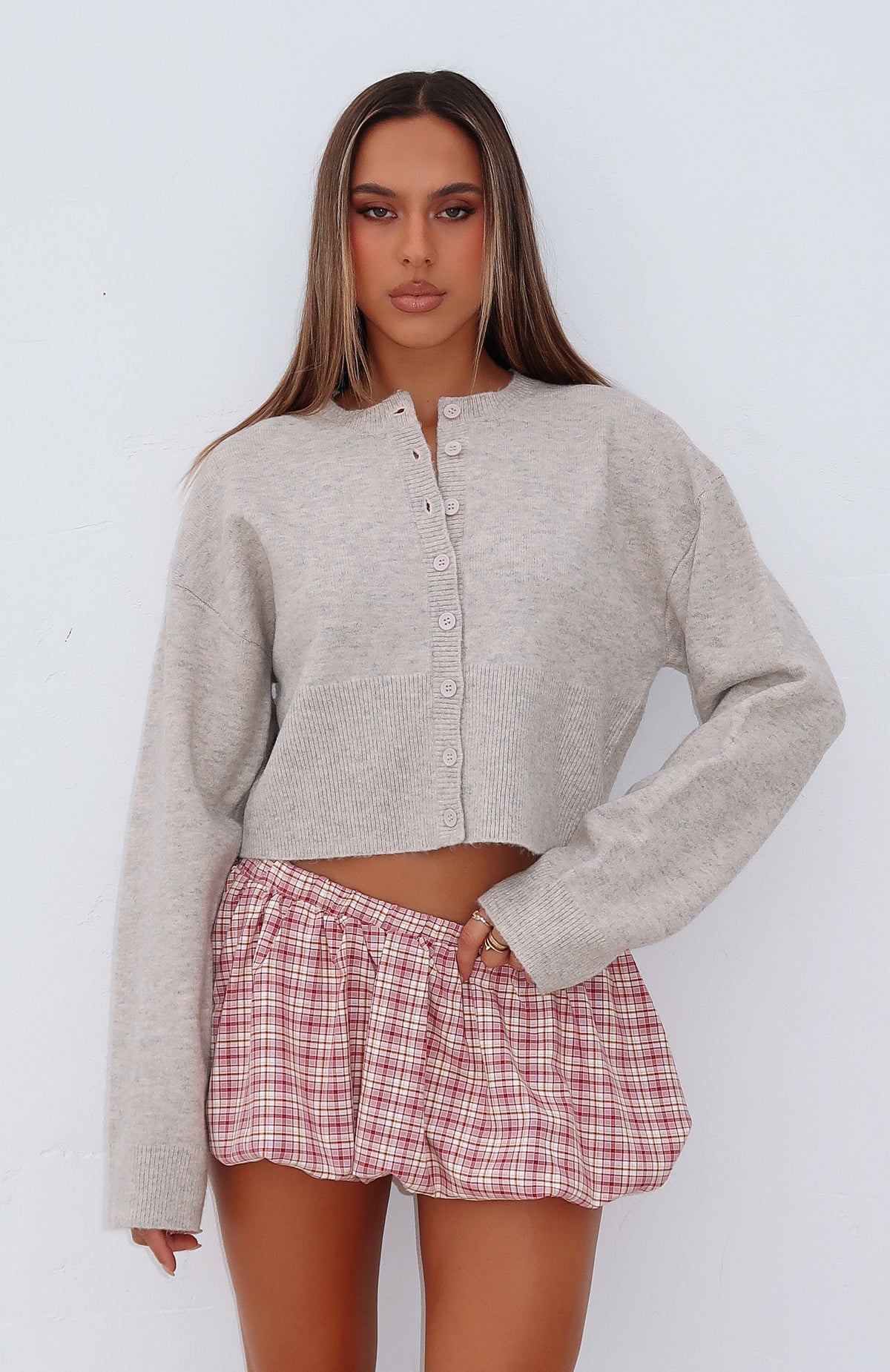 White Fox Make Me Happy Knit Cardigan Beige