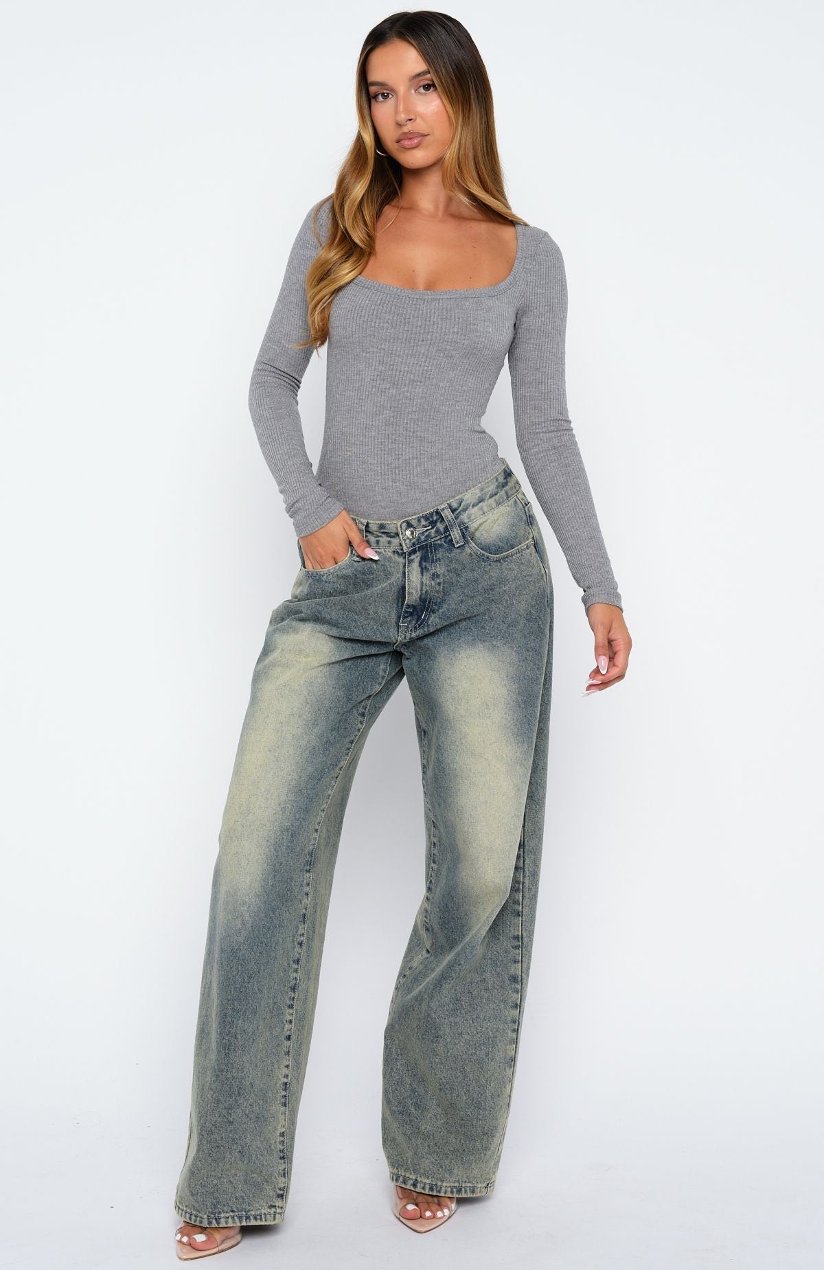 White Fox Easy Weekend Ribbed Long Sleeve Bodysuit Grey