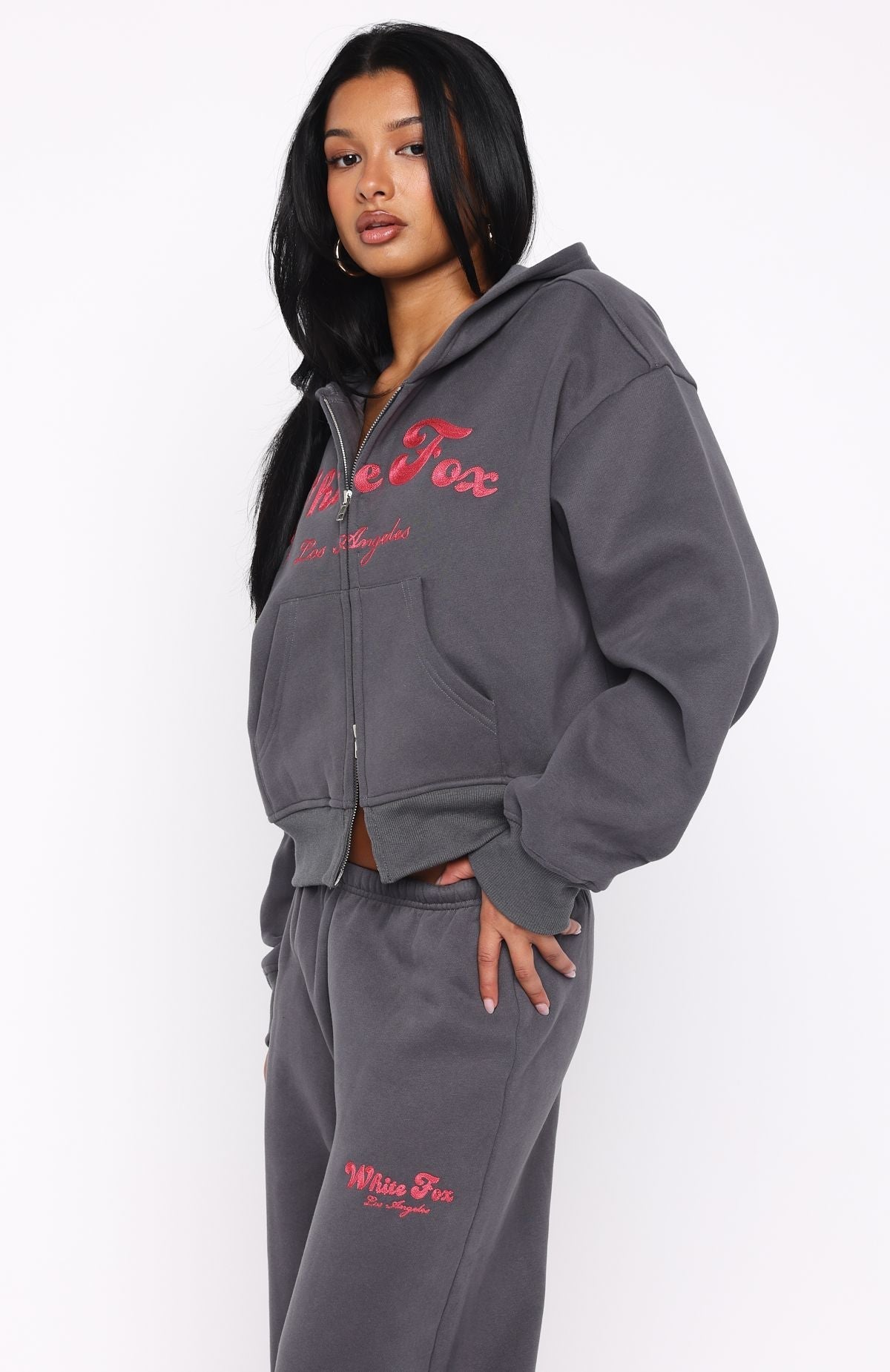 White Fox Through Thick And Thin Boxy Zip Front Hoodie Volcanic