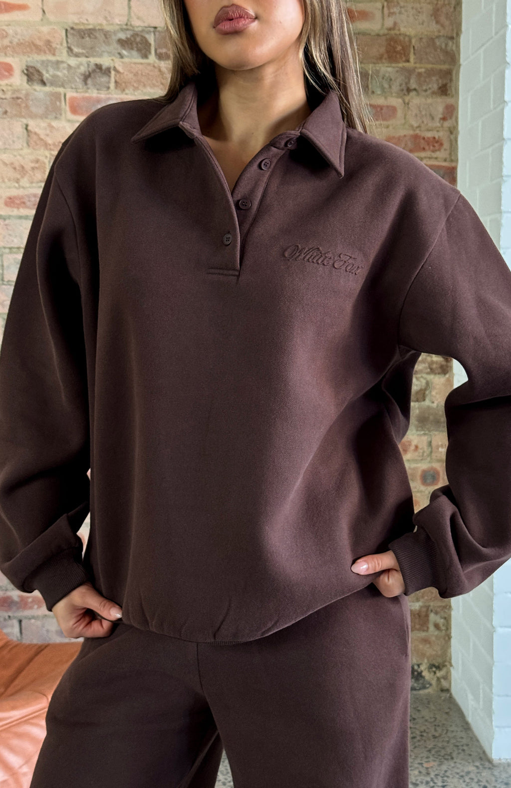White Fox Chill Moves Oversized Henley Sweater Chocolate