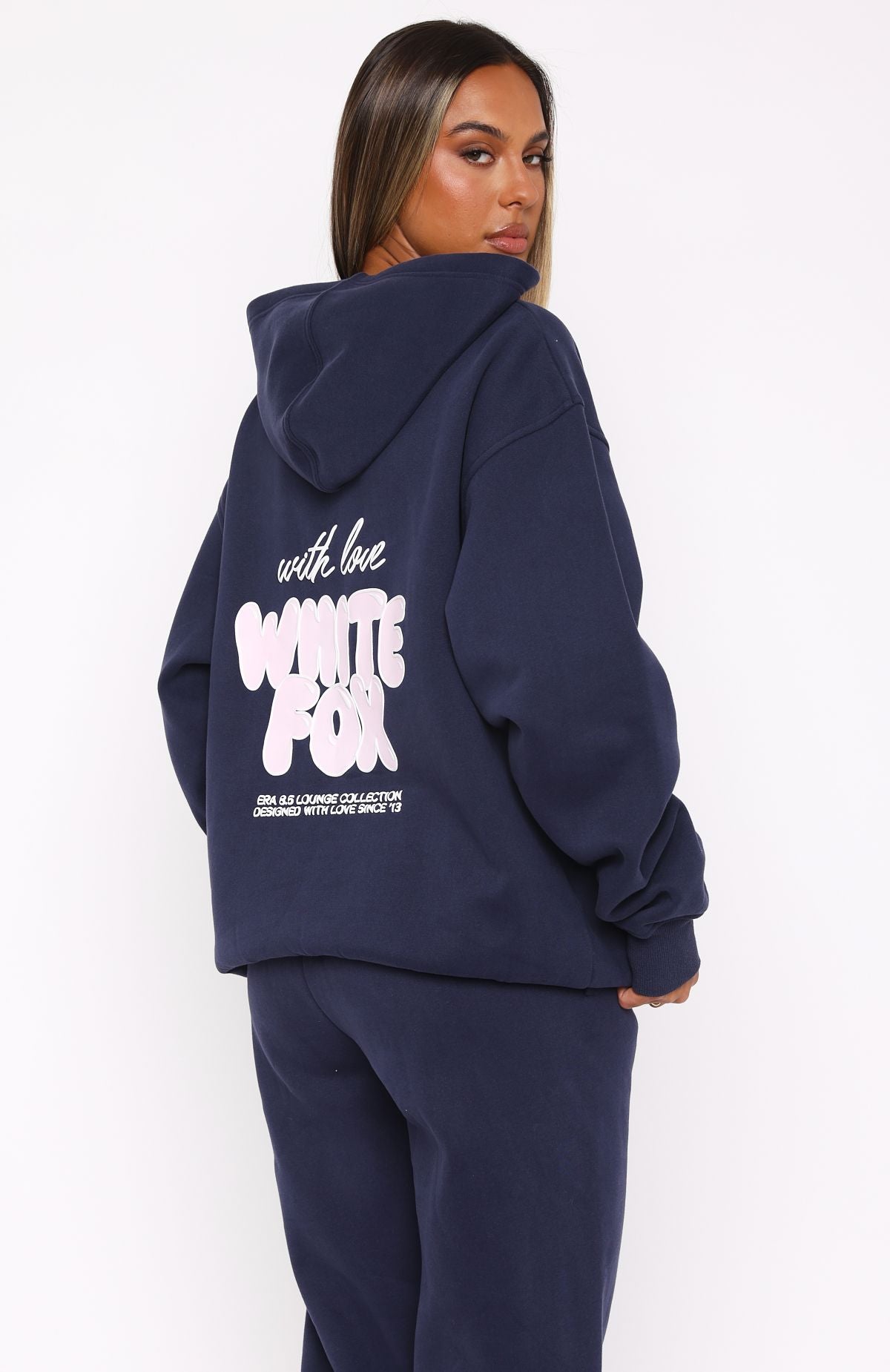 White Fox With Love Always Oversized Hoodie Navy