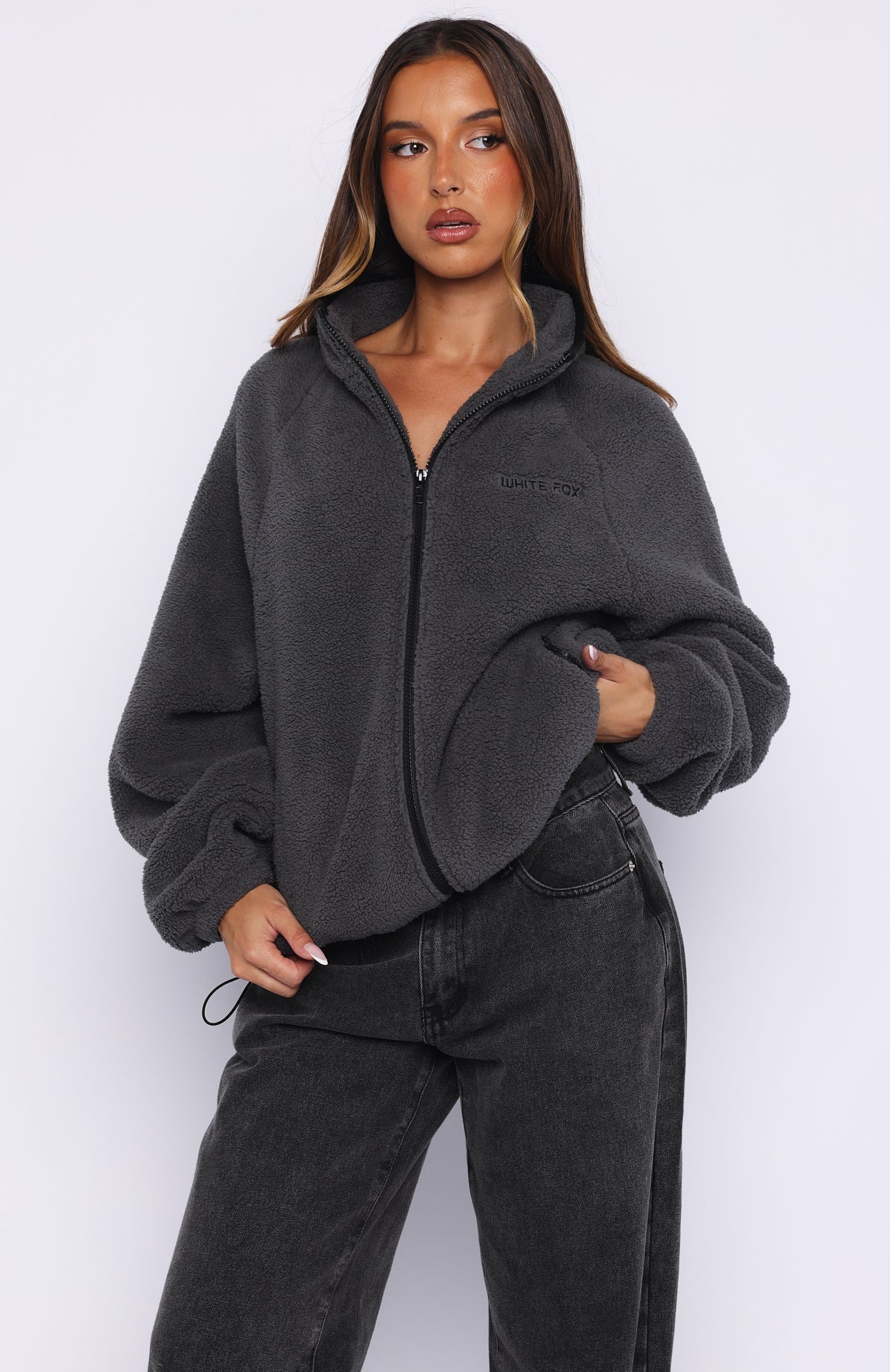 White Fox Calm Before The Storm Zip Front Fleece Sweater Charcoal