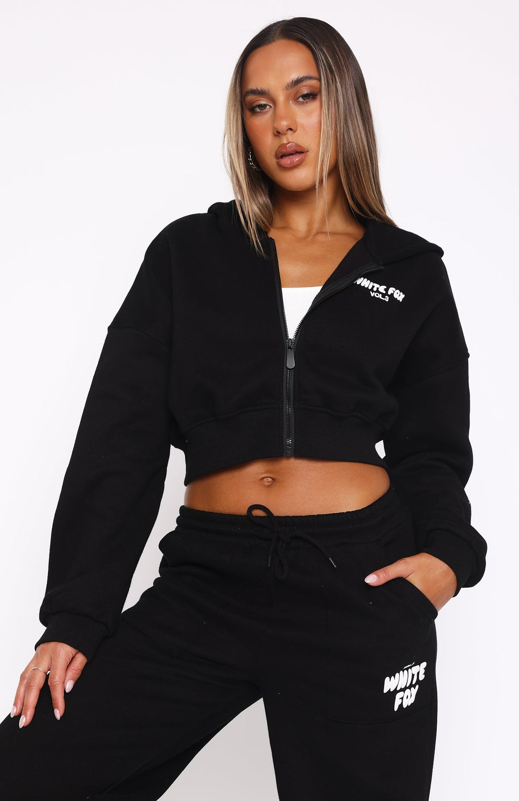 White Fox Offstage Cropped Zip Hoodie Monochrome