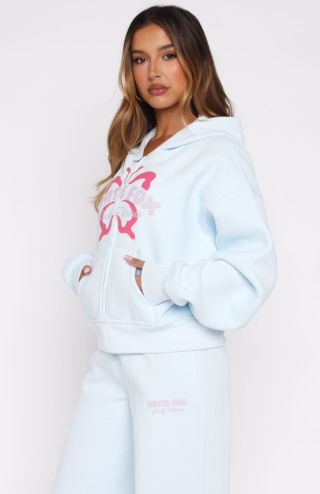 White Fox Lucky Thirteen Audrina Boxy Zip Front Hoodie Blue
