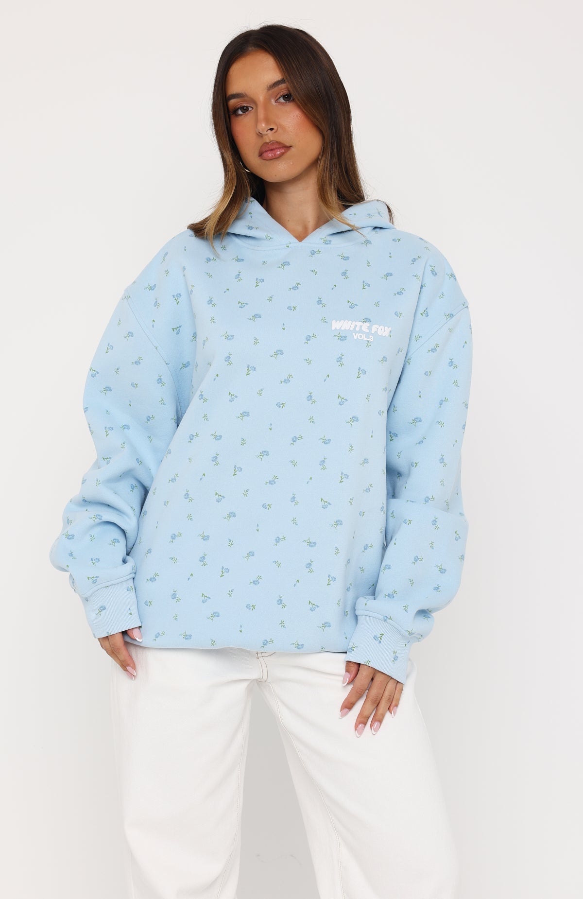 White Fox Offstage Printed Oversized Hoodie Blue Ditsy