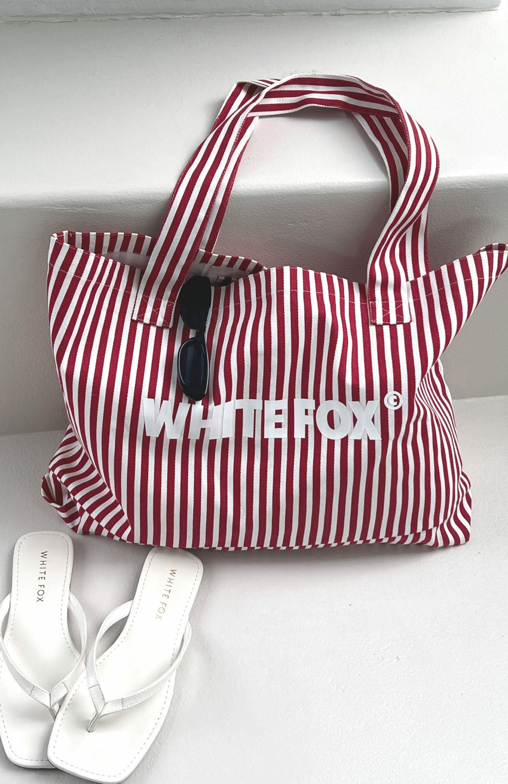 White Fox Straight Lines Tote Bag Red Stripe