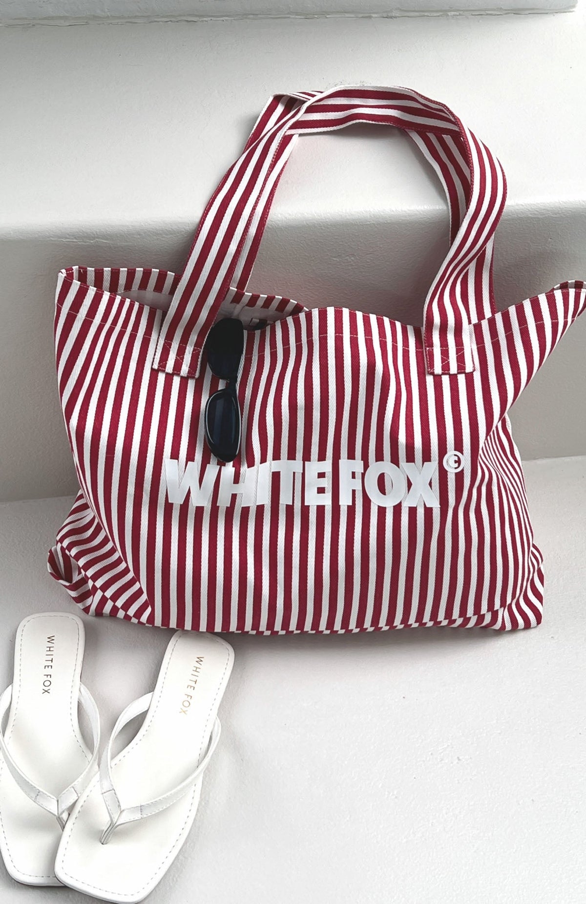 White Fox Straight Lines Tote Bag Red Stripe