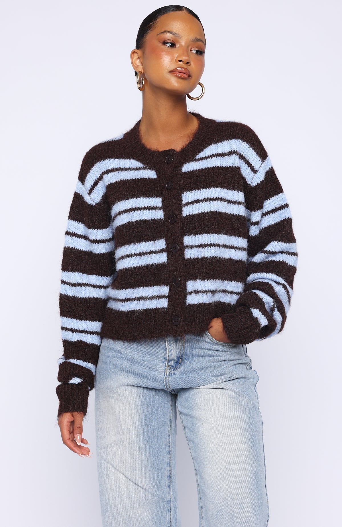 White Fox Ice Bae Stripe Knit Cardigan Blueberry Chocolate Stripe
