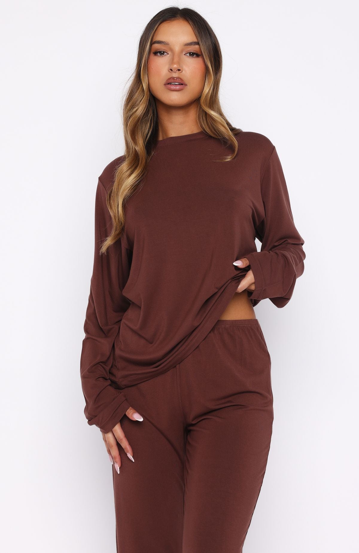 White Fox Slow Life Long Sleeve Pyjama Top Chocolate