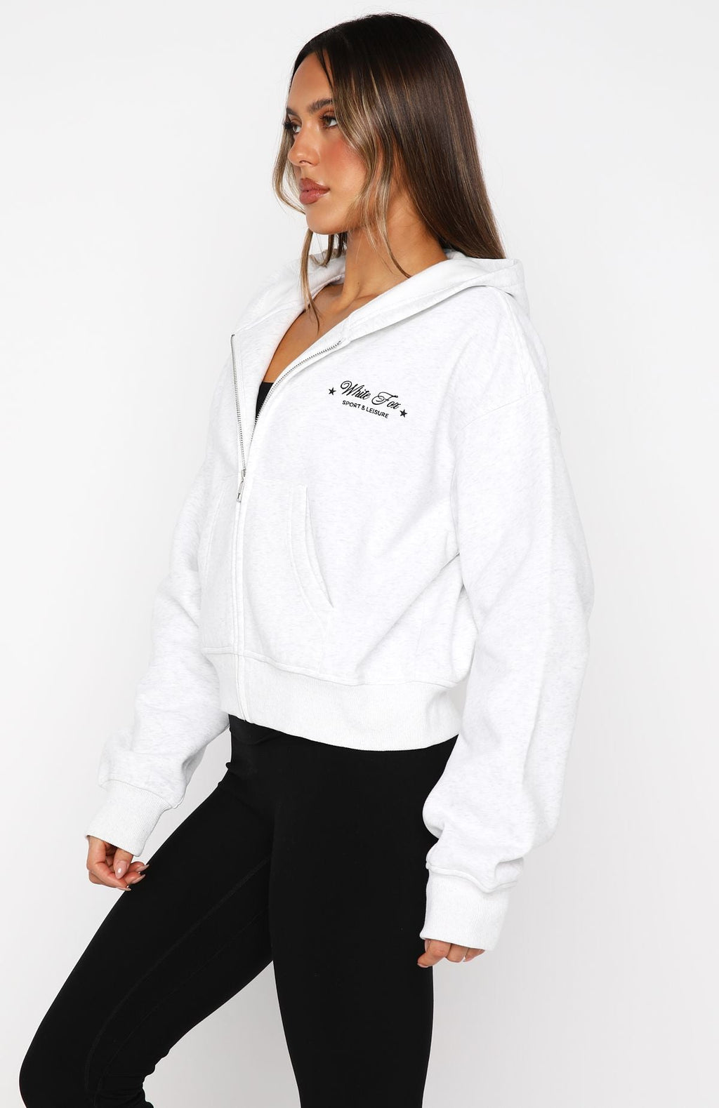 White Fox Just Try Again Boxy Zip Front Hoodie Grey Marle