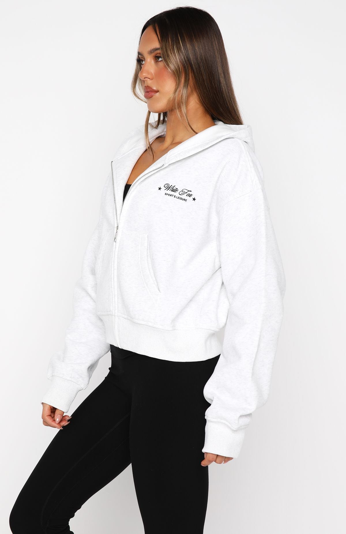 White Fox Just Try Again Boxy Zip Front Hoodie Grey Marle