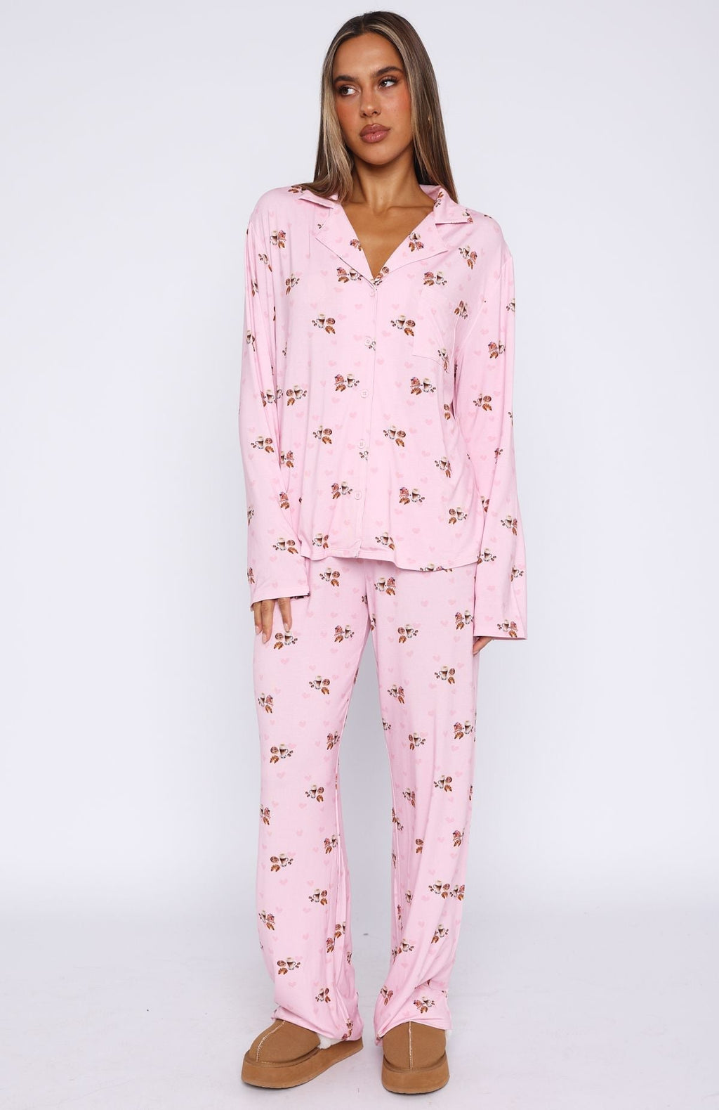 White Fox Pillow Talk Printed Long Sleeve Pyjama Set Candy Breakfast