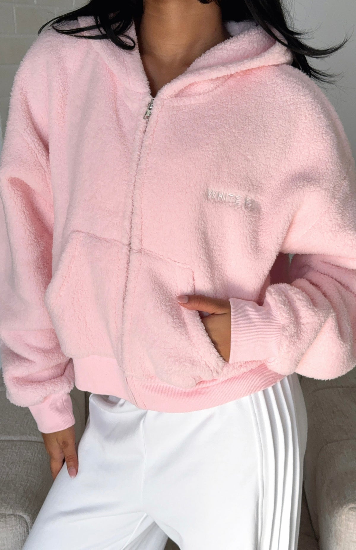 White Fox Always First Teddy Borg Boxy Zip Front Hoodie Pink