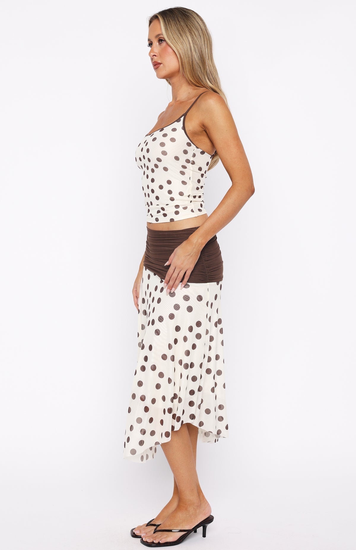 White Fox Mediterranean Mirage Midi Skirt Cream/Choc Polka Dot