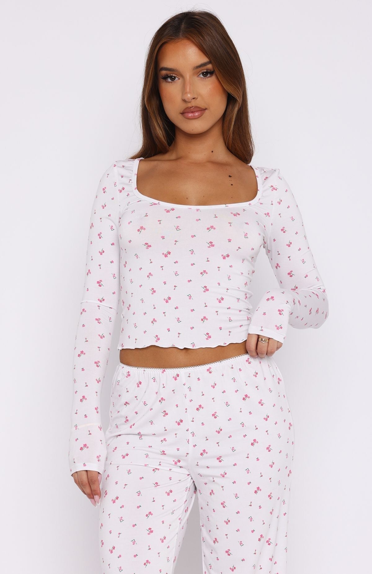 White Fox Dreamy Long Sleeve Pyjama Top Pink Blossom