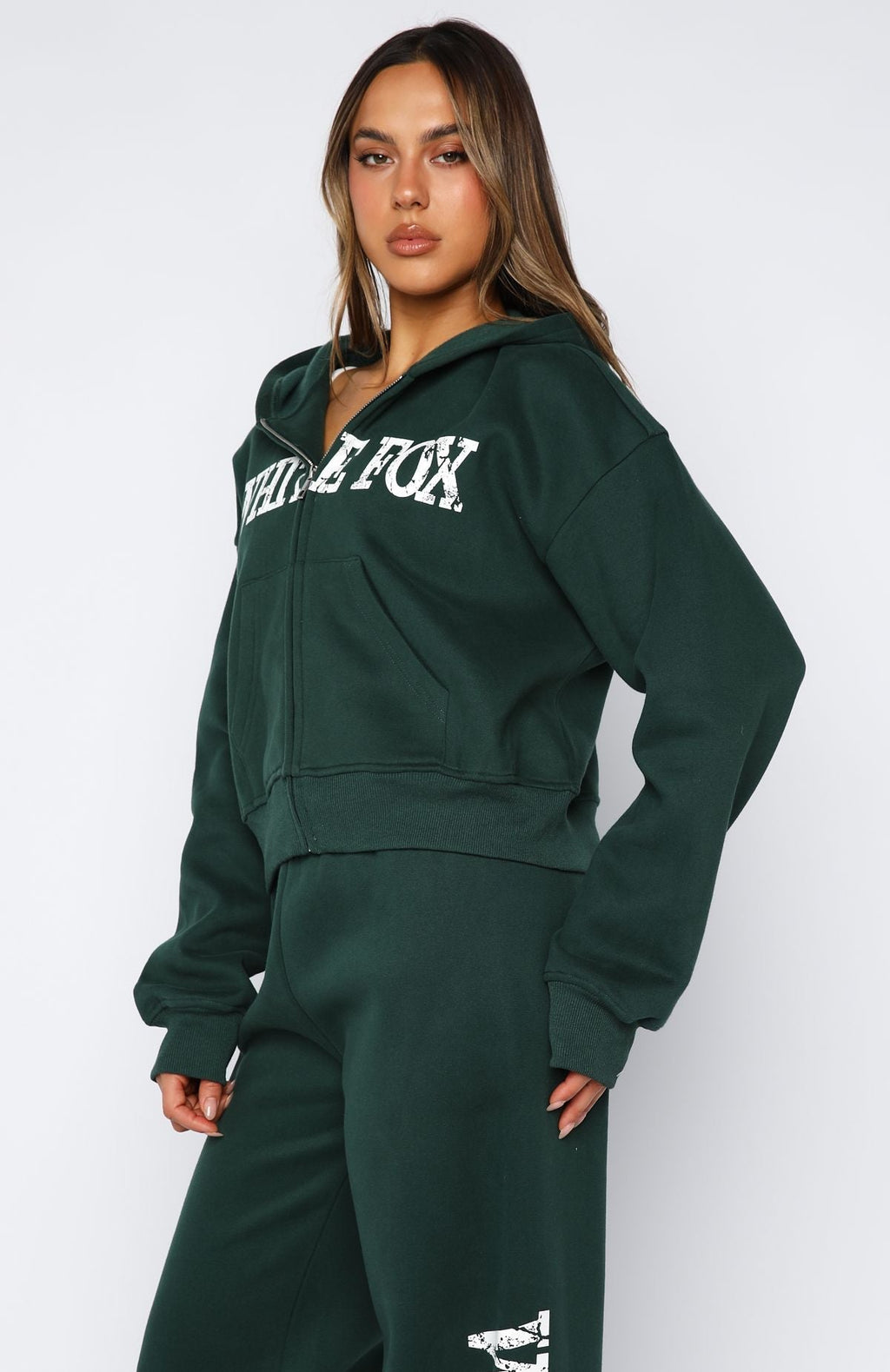 White Fox Brand New Start Boxy Zip Front Hoodie Forest Green