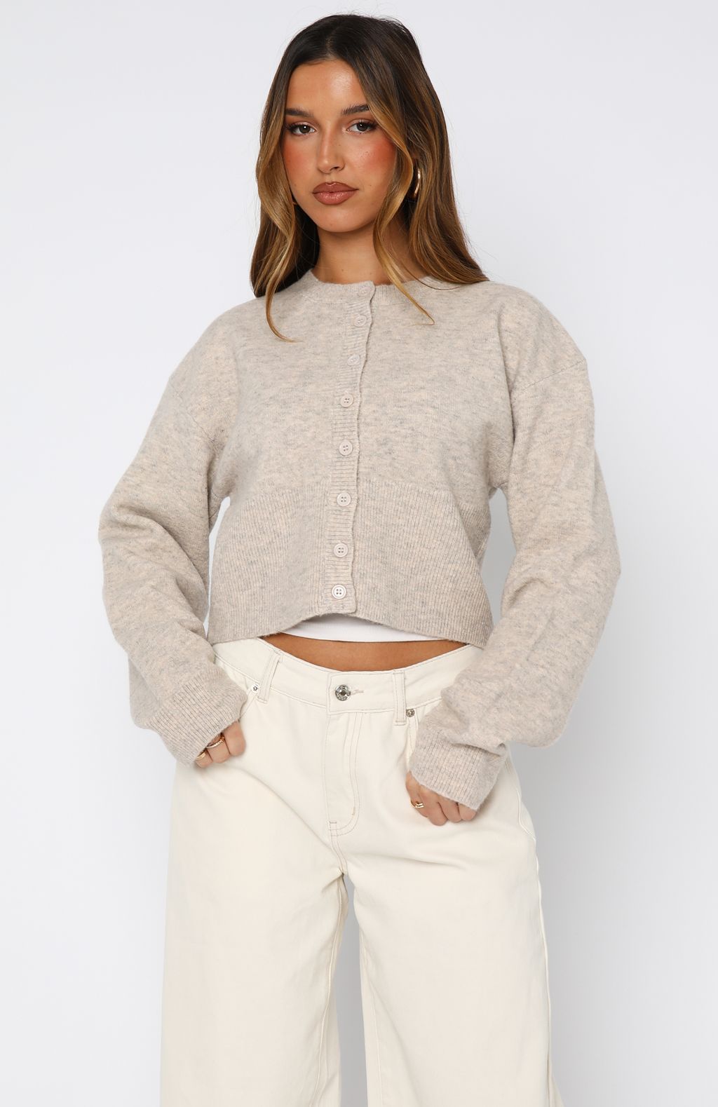 White Fox Make Me Happy Knit Cardigan Beige