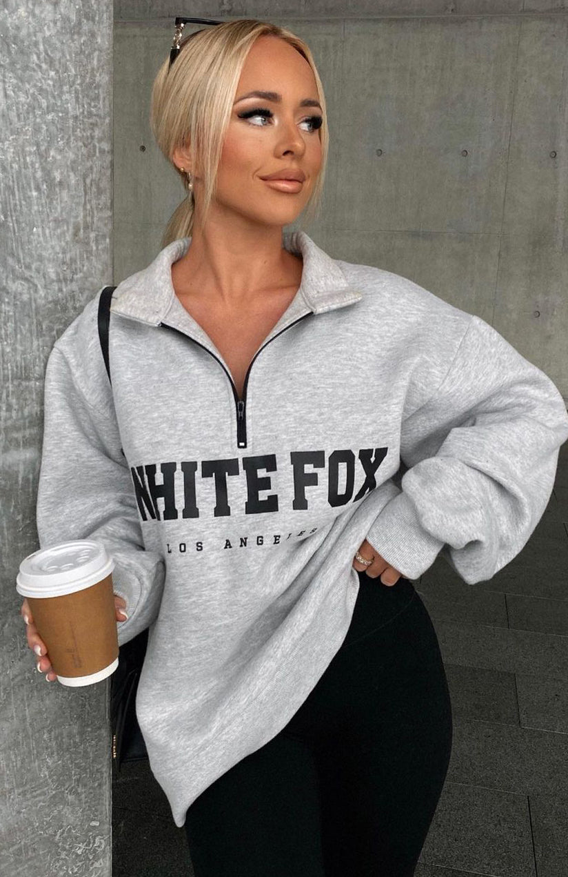 White Fox High Standard Zip Front Sweater Grey Marle