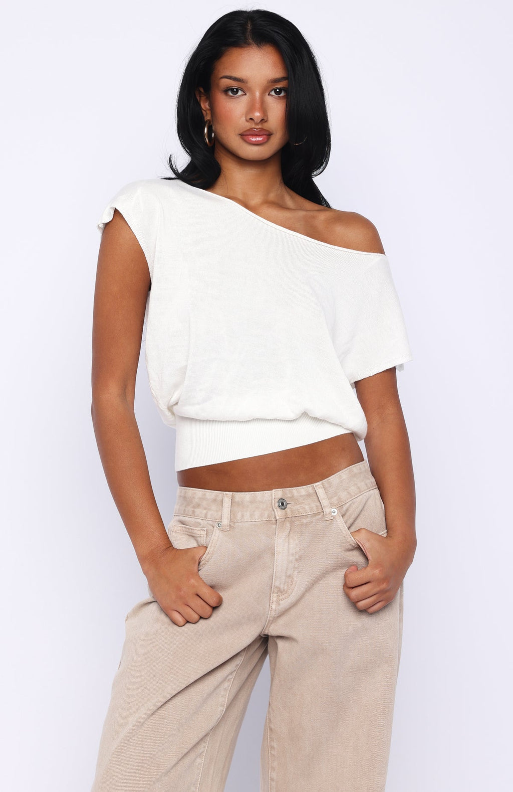 White Fox Can't Change My Mind Off Shoulder Cinched Top Off White