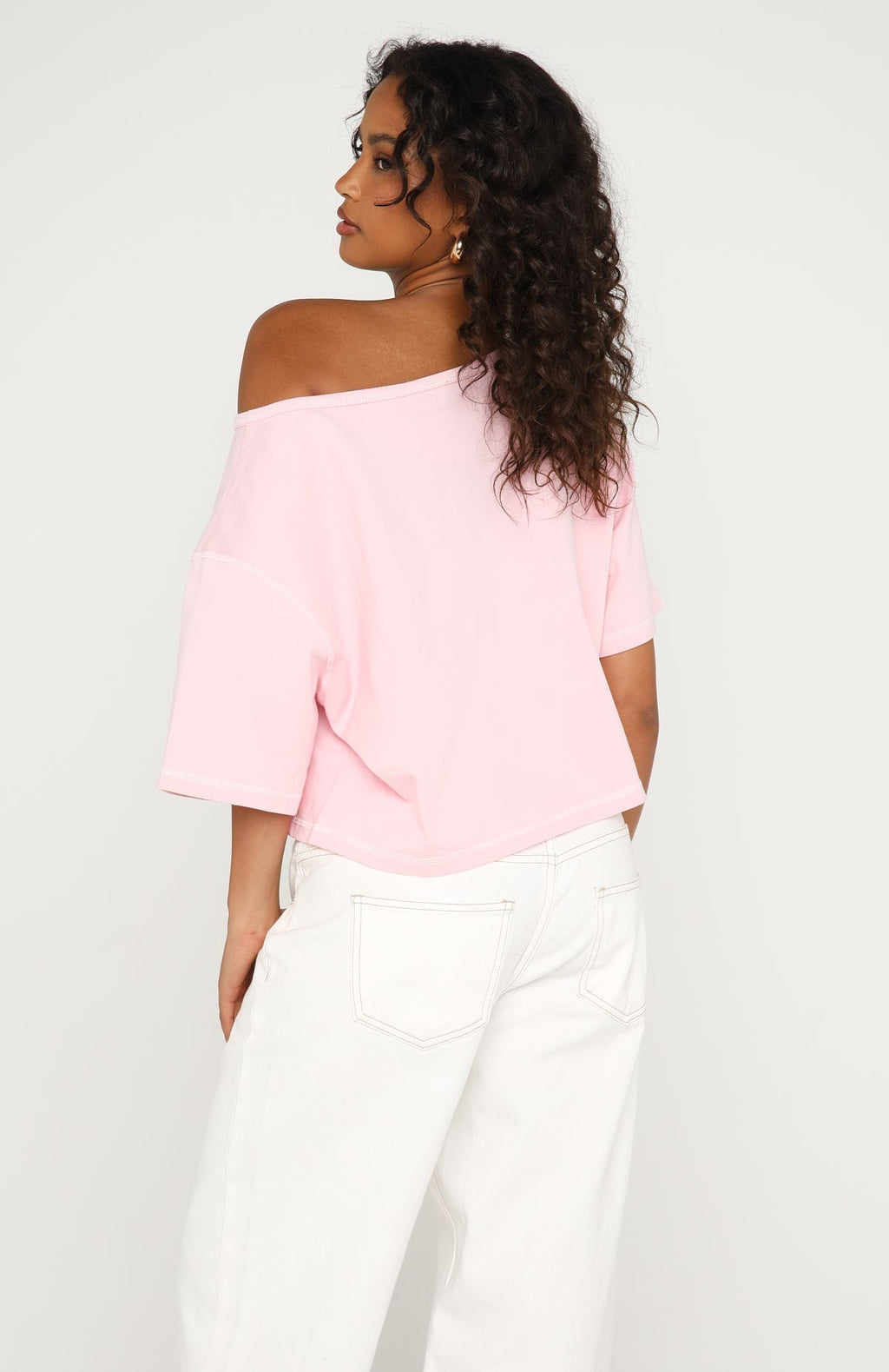White Fox Need More Time Off Shoulder Oversized Tee Pink