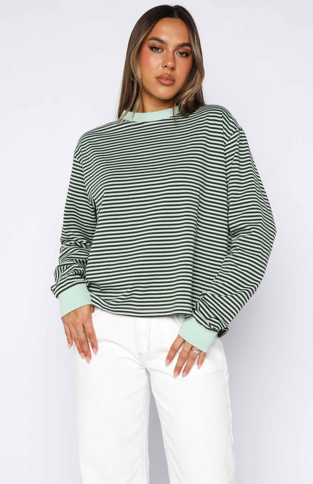 White Fox Touchdown Long Sleeve Tee Green Stripe