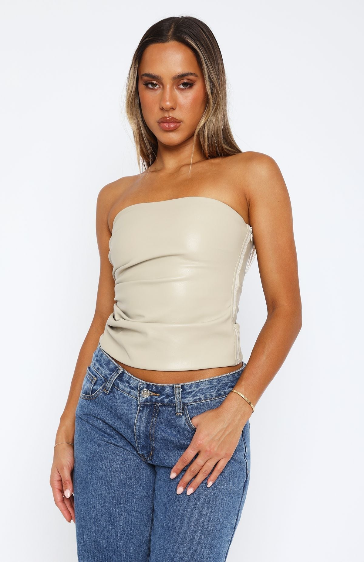 White Fox Well Behaved Strapless PU Bustier Taupe