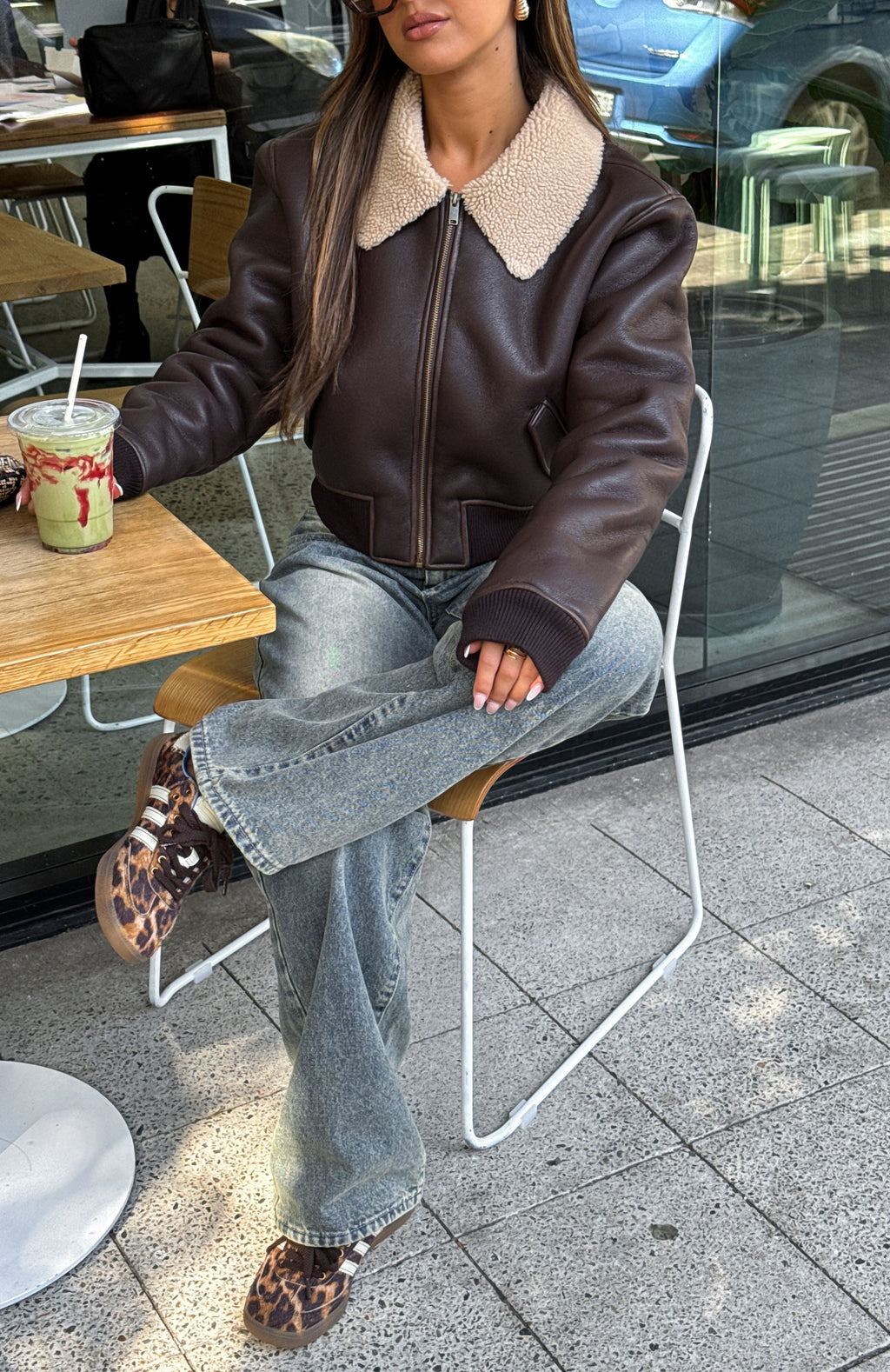 White Fox For The People PU Bomber Jacket Chocolate