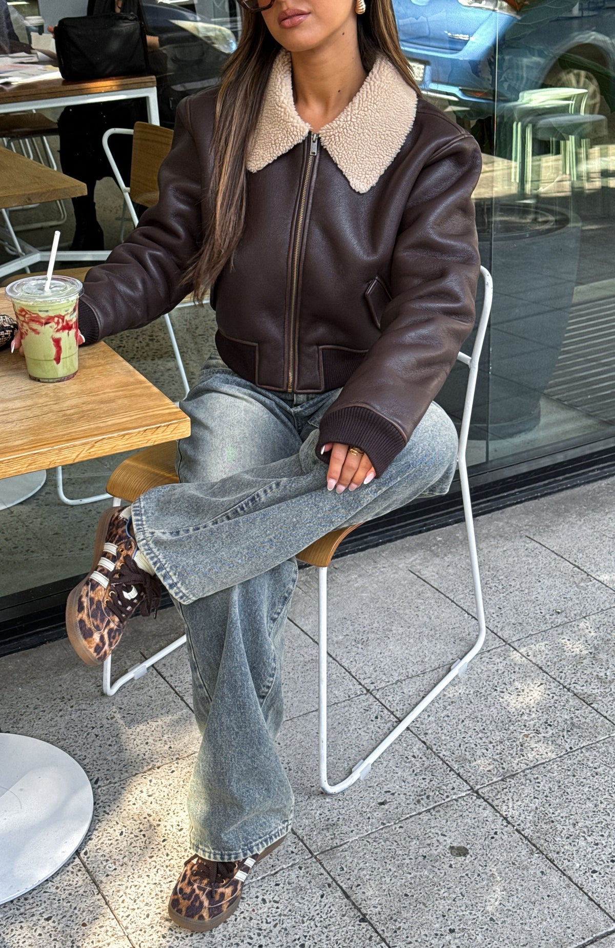 White Fox For The People PU Bomber Jacket Chocolate