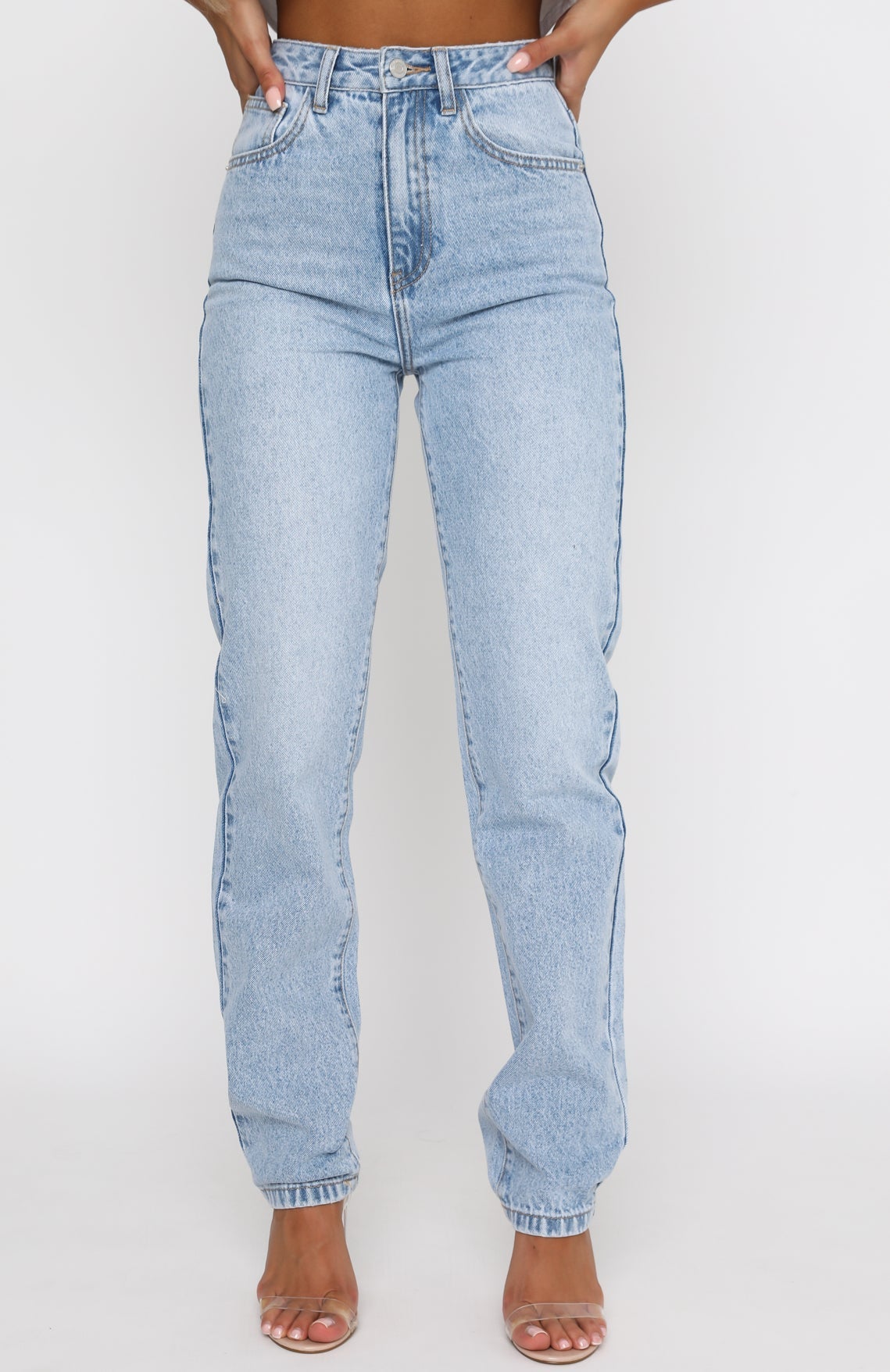 White Fox Who's That Girl Straight Leg Denim Jeans Washed Blue