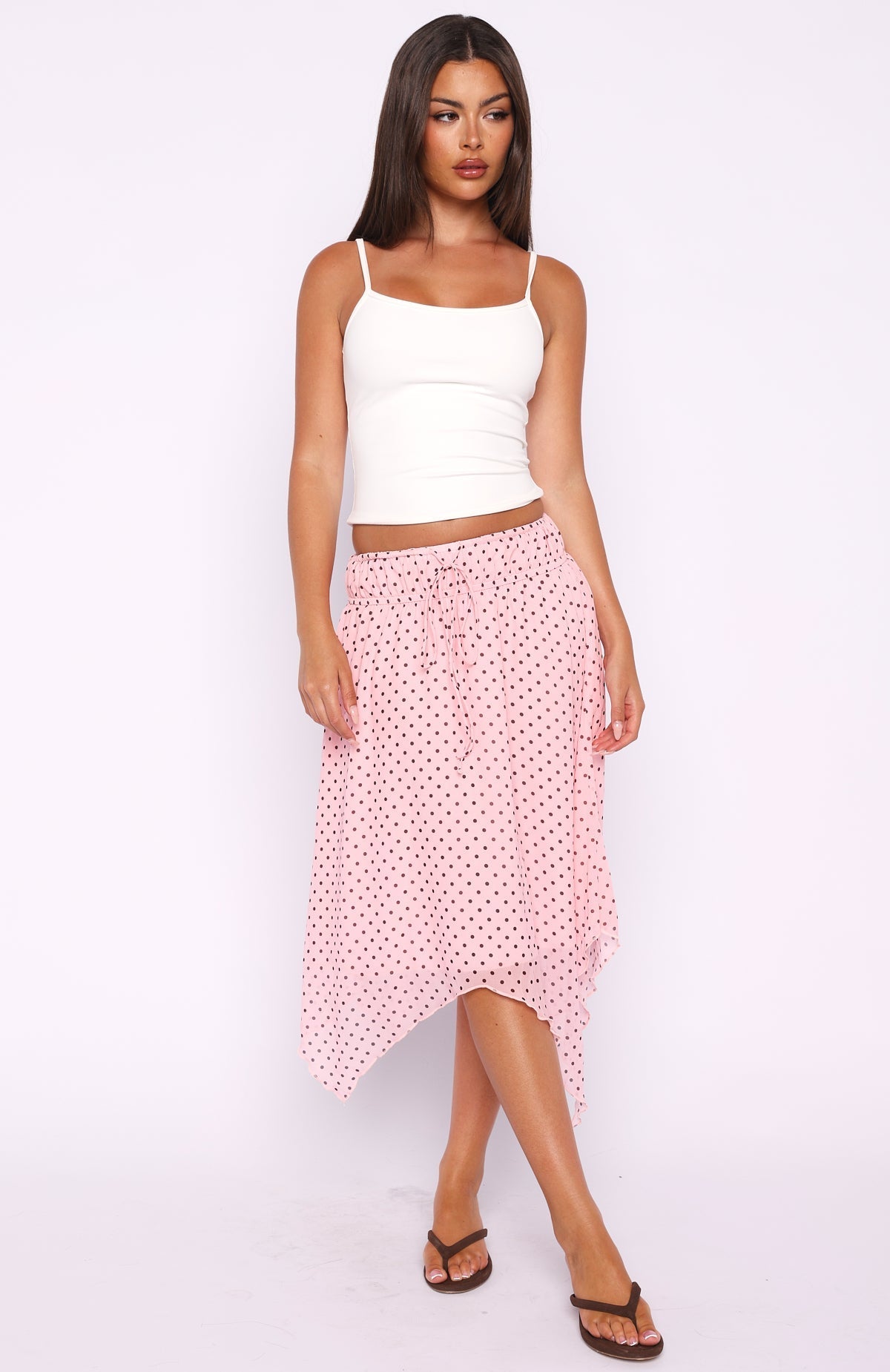 White Fox Static Soul Midi Skirt Pink Polka Dot