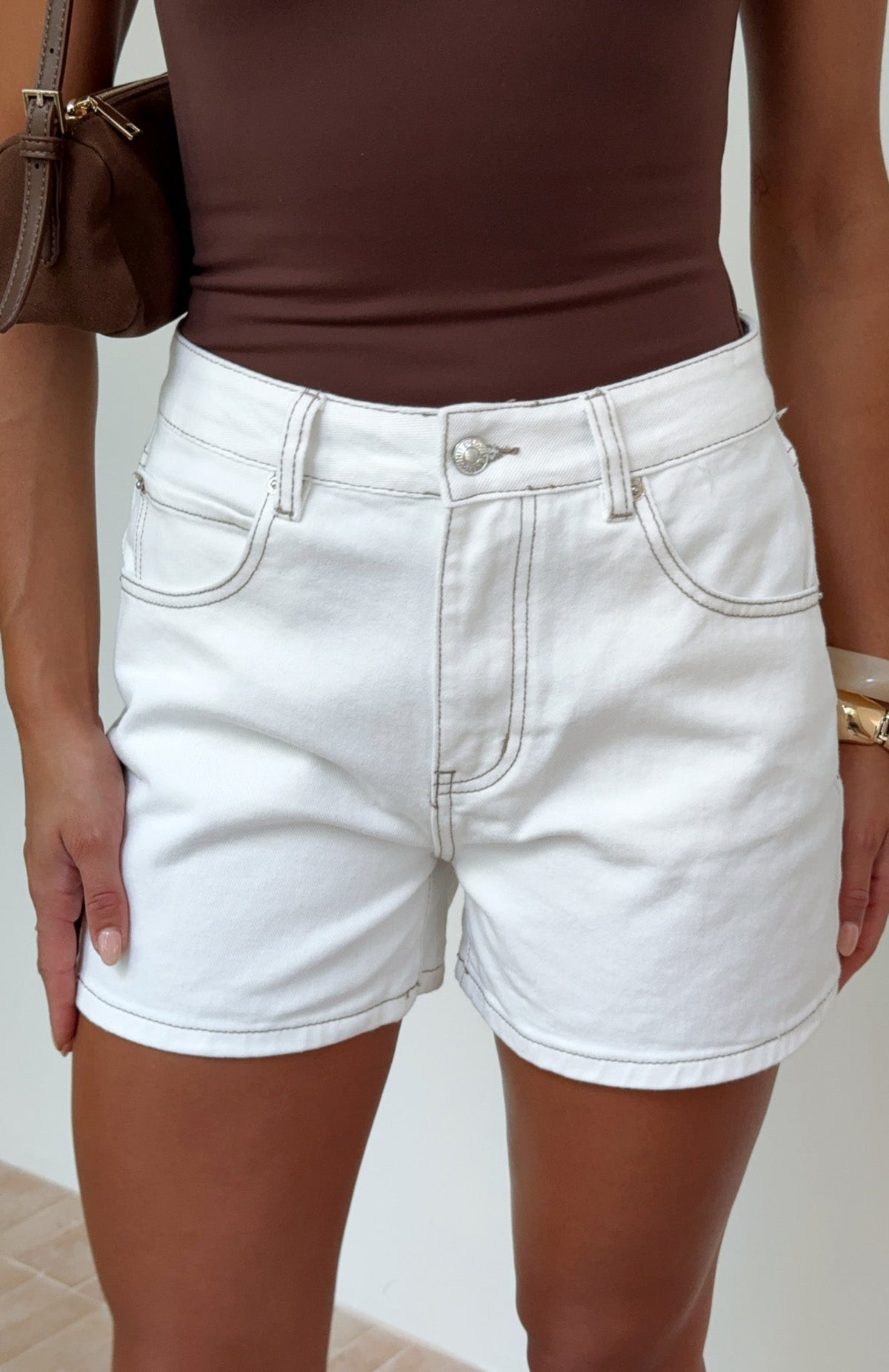 White Fox Maddy High Rise Denim Shorts Off White