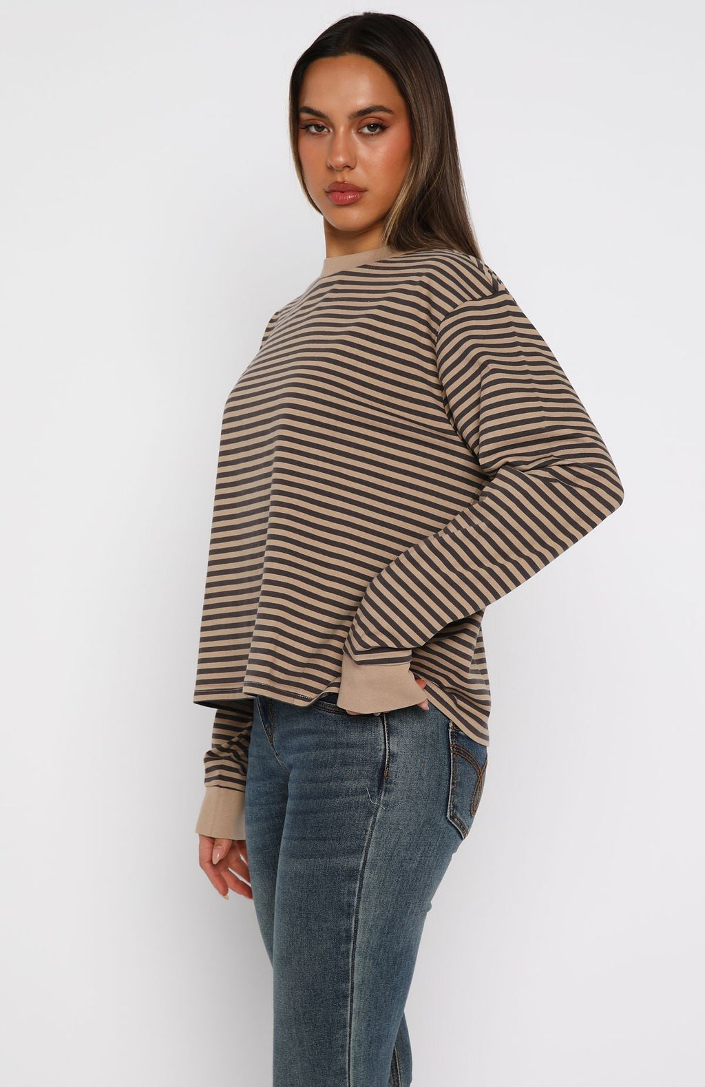 White Fox Catch The Drift Long Sleeve Tee Chocolate/Tan Stripe