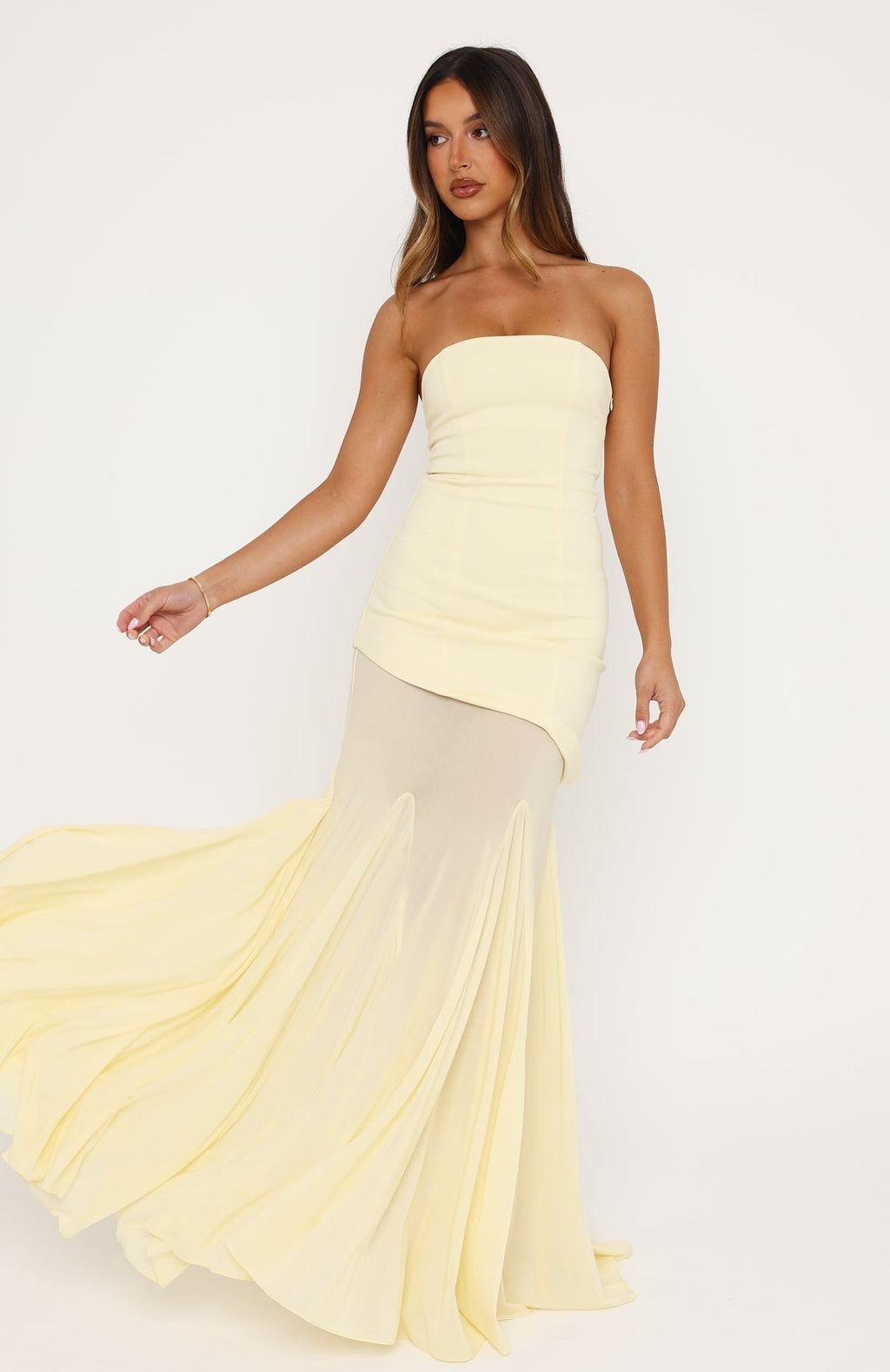 White Fox Sending My Best Strapless Maxi Dress Lemon