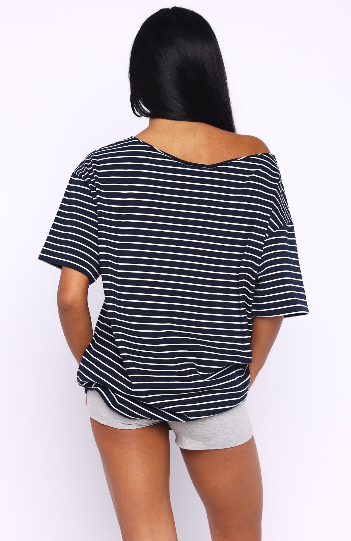 White Fox Give Me Options Off Shoulder Tee Navy/White Stripe