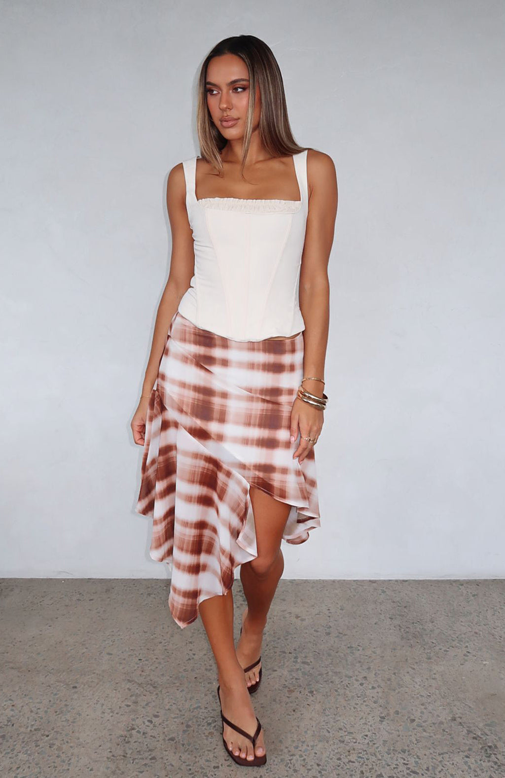 White Fox Crazy Romantic Midi Skirt Chocolate Plaid