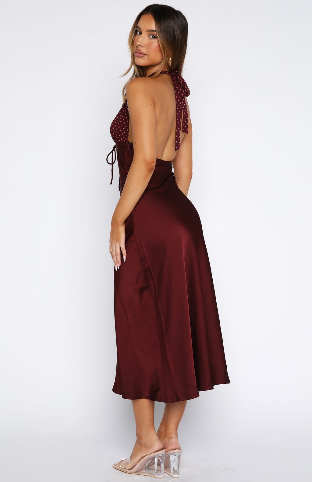 White Fox Guess You Miss Me Halter Midi Dress Burgundy/Pink Dot