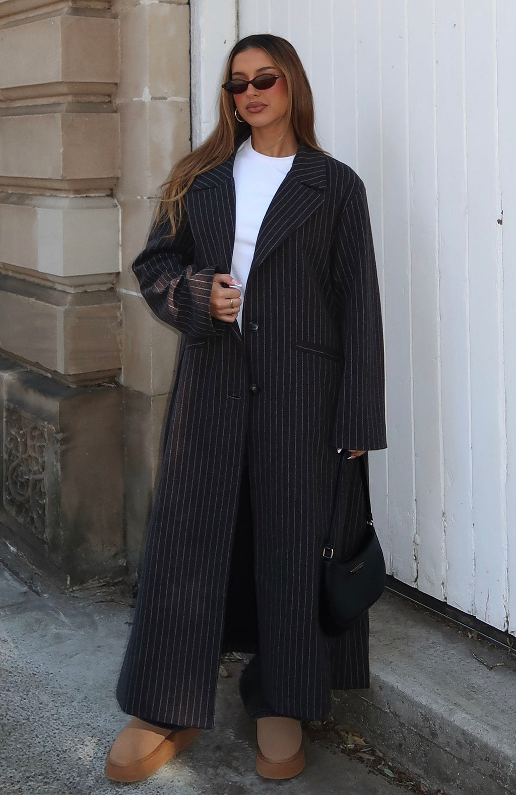White Fox Walk By Me Oversized Coat Charcoal Pinstripe