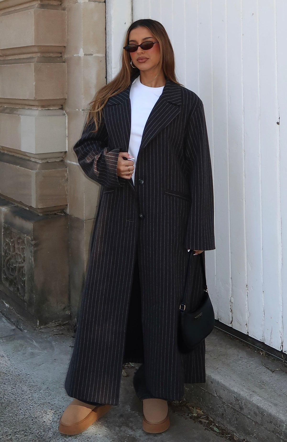 White Fox Walk By Me Oversized Coat Charcoal Pinstripe