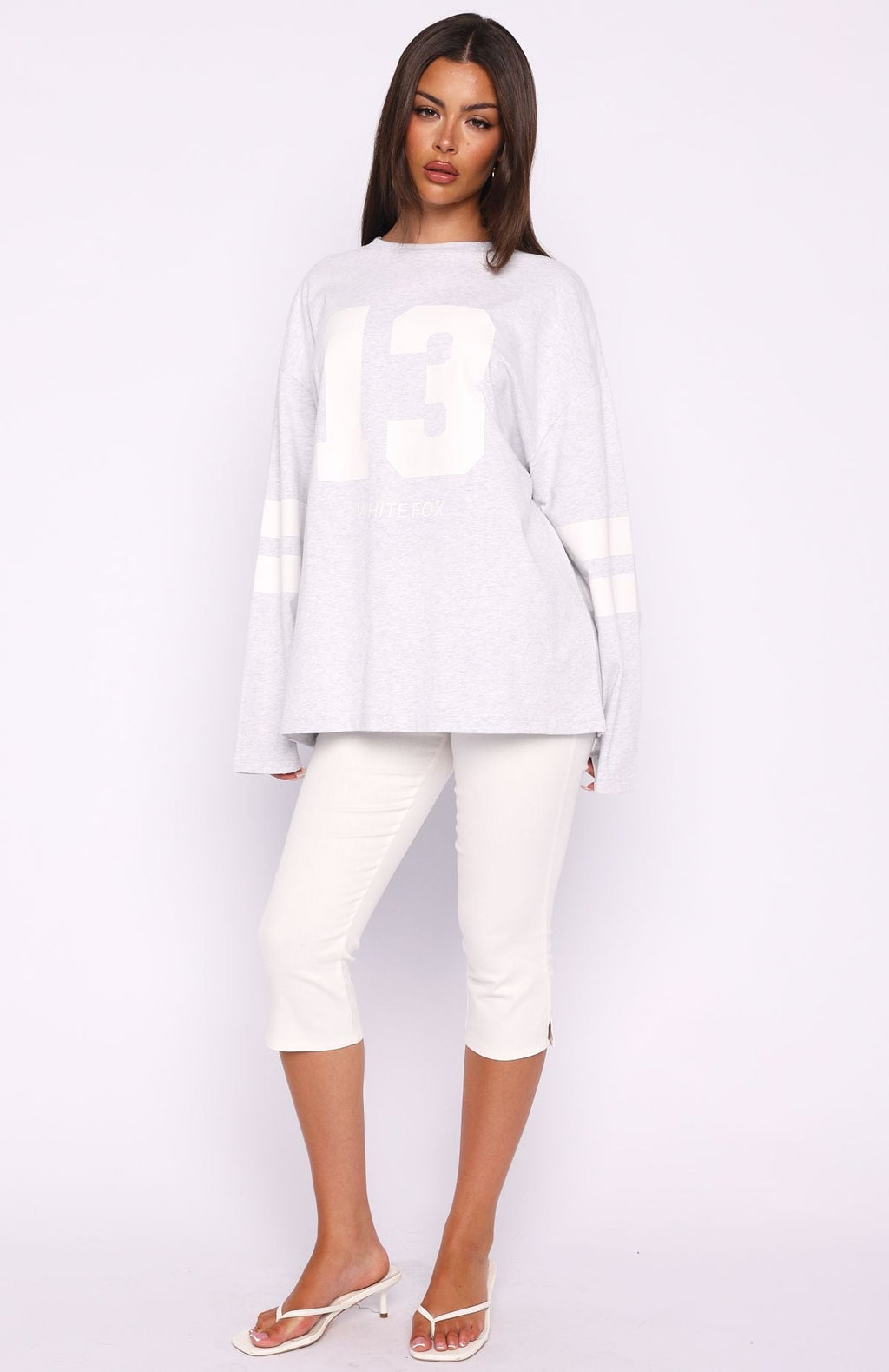 White Fox Playing Ball Oversized Long Sleeve Tee Grey Marle